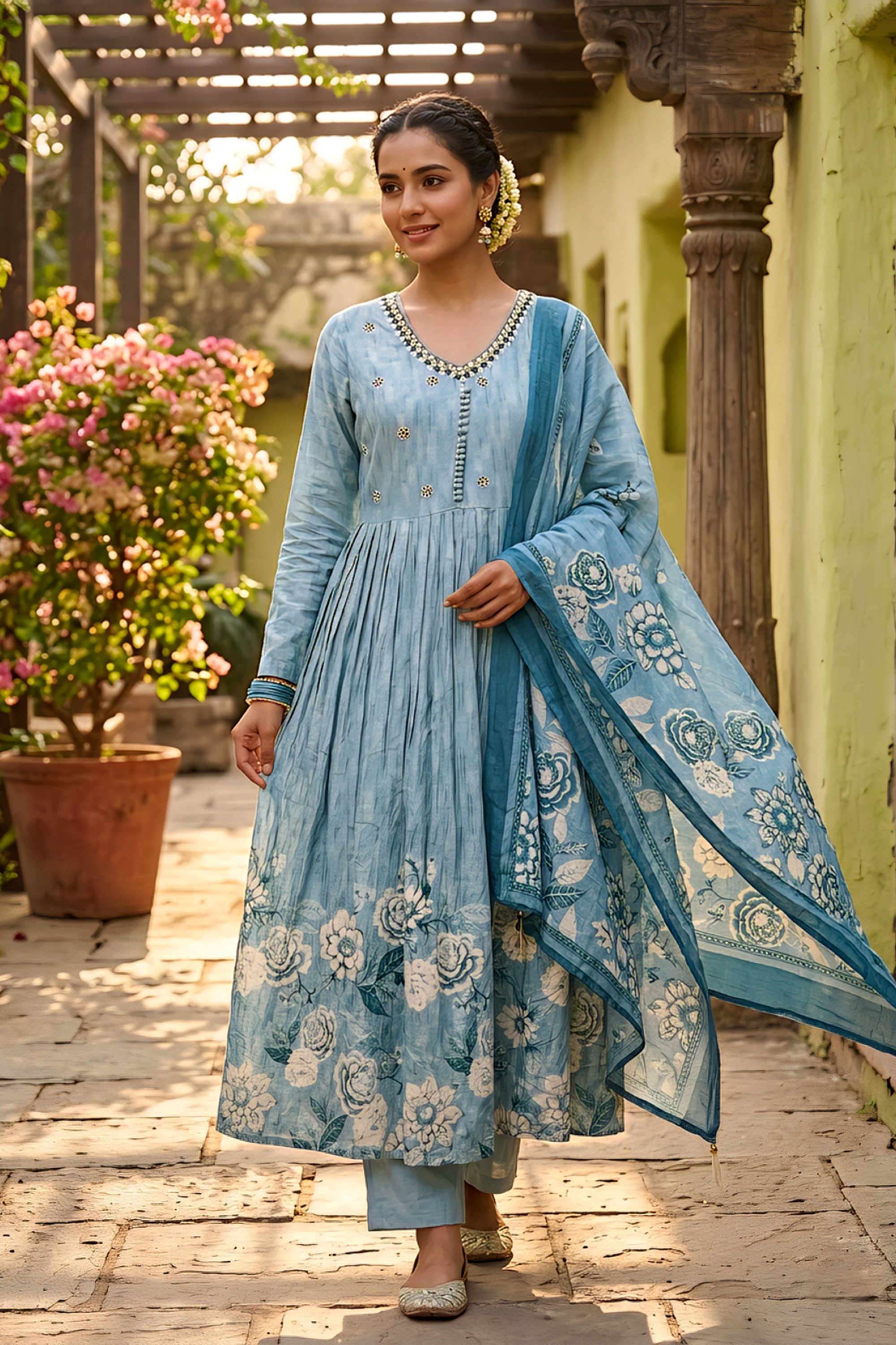 Floral-Rayon-V-Neck-Women-s-Casual-Wear-Kurta-Set