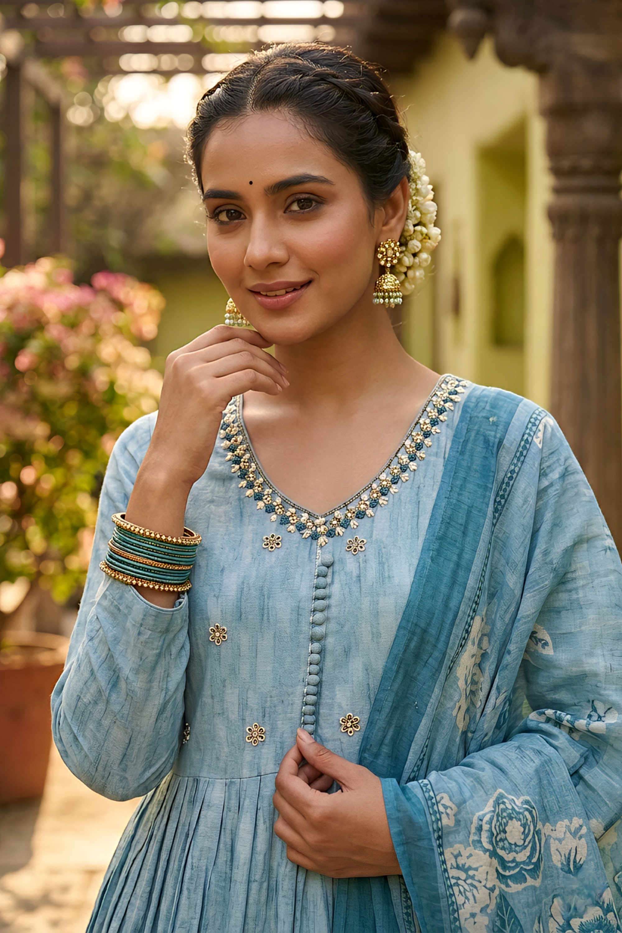 Floral-Rayon-V-Neck-Women-s-Casual-Wear-Kurta-Set