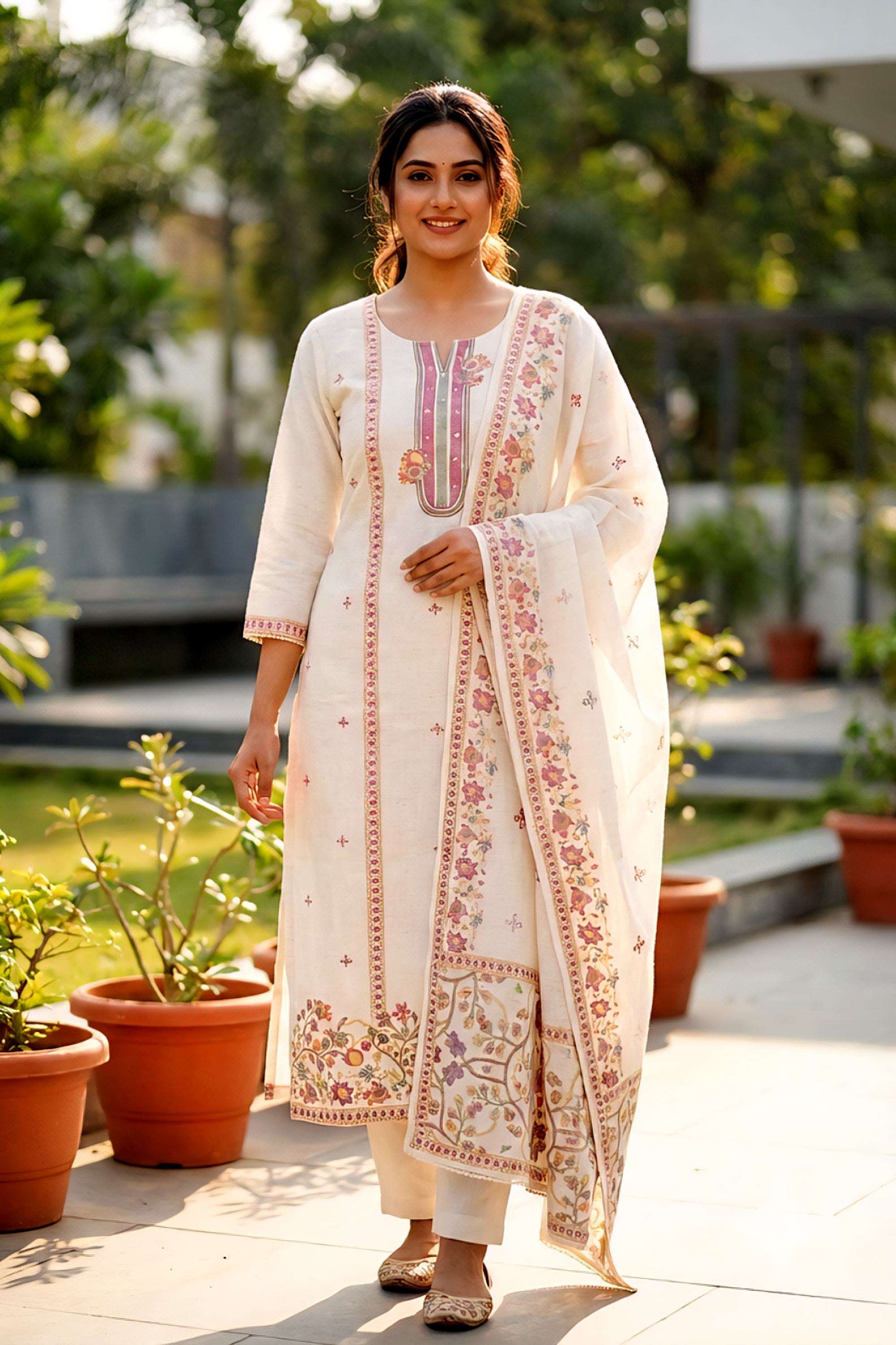 Printed-Linen-Round-Neck-Women-s-Festive-Wear-Kurta-Set