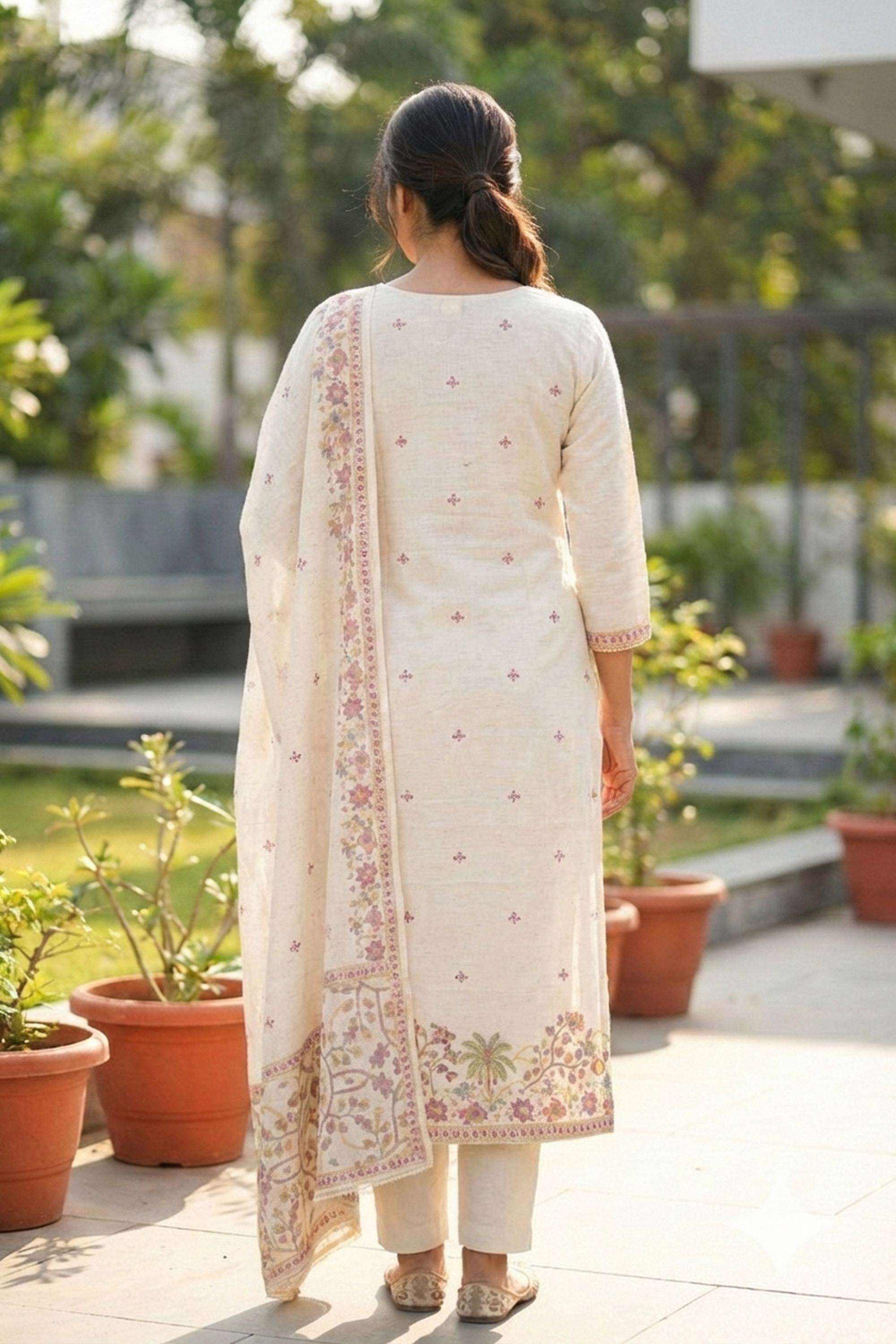 Printed-Linen-Round-Neck-Women-s-Festive-Wear-Kurta-Set