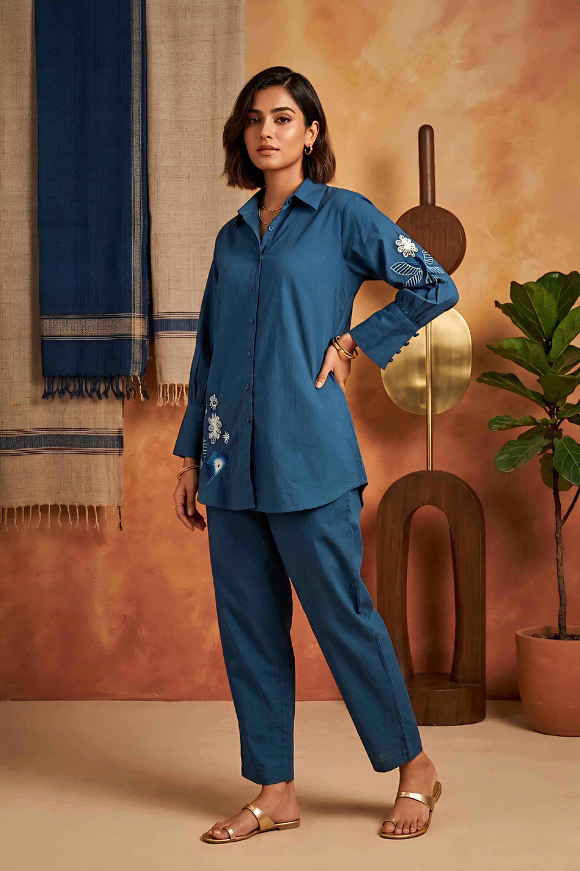 Solid-Cotton-Collared-Women-s-Casual-Wear-Kurta-Set