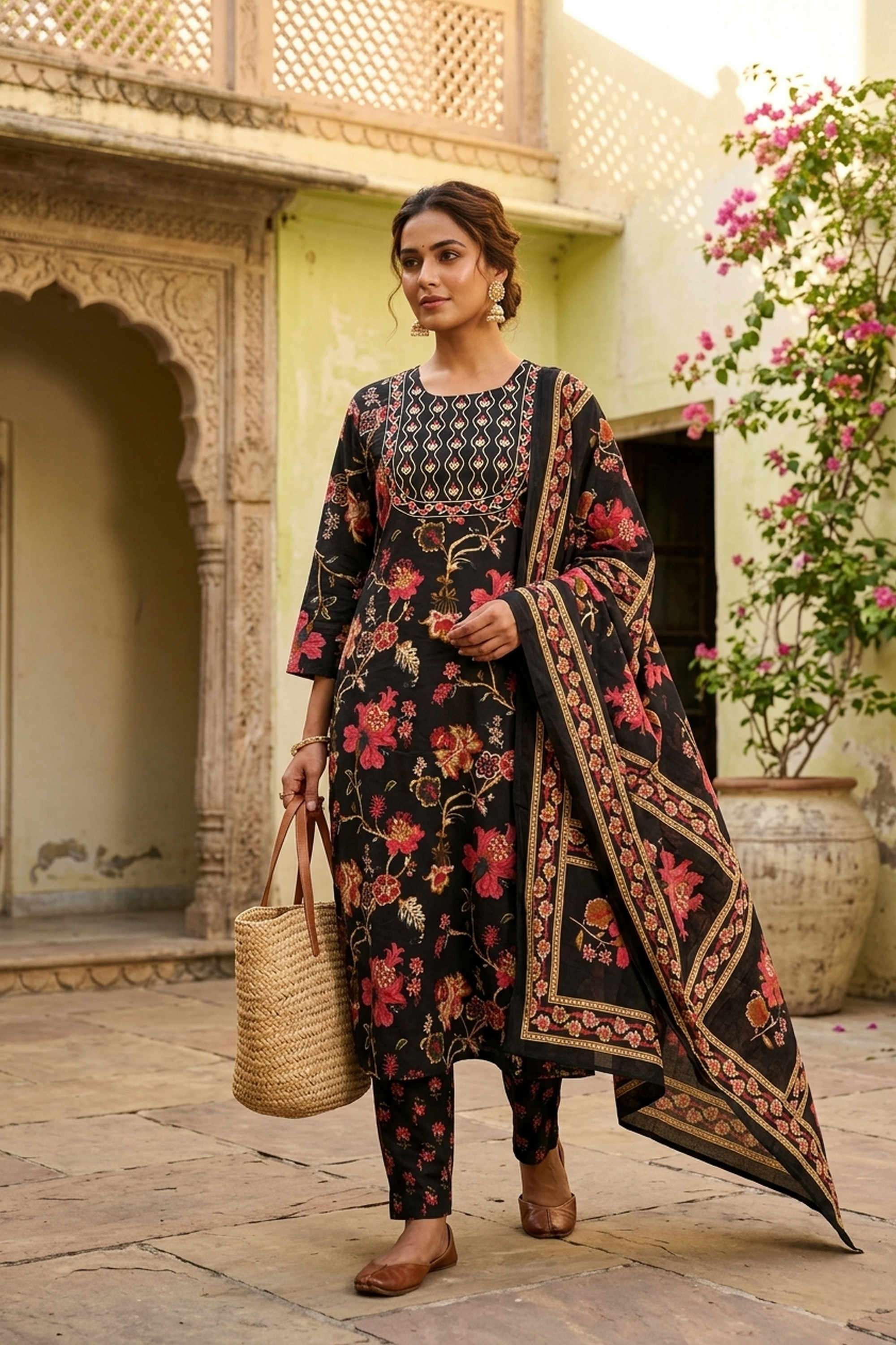 Floral-Cotton-Round-Neck-Women-s-Casual-Wear-Kurta-Set