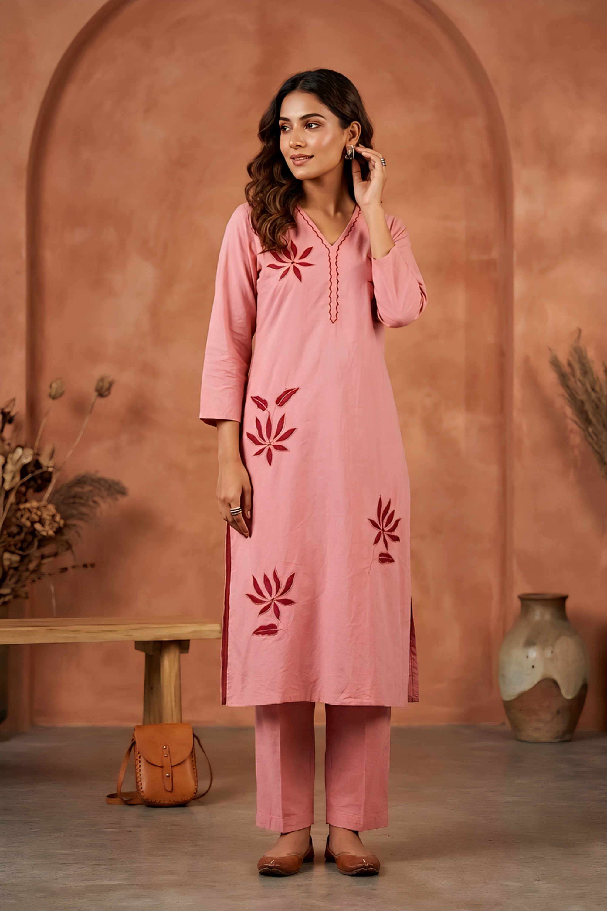 Floral-Cotton-V-Neck-Women-s-Casual-Wear-Kurta-Set