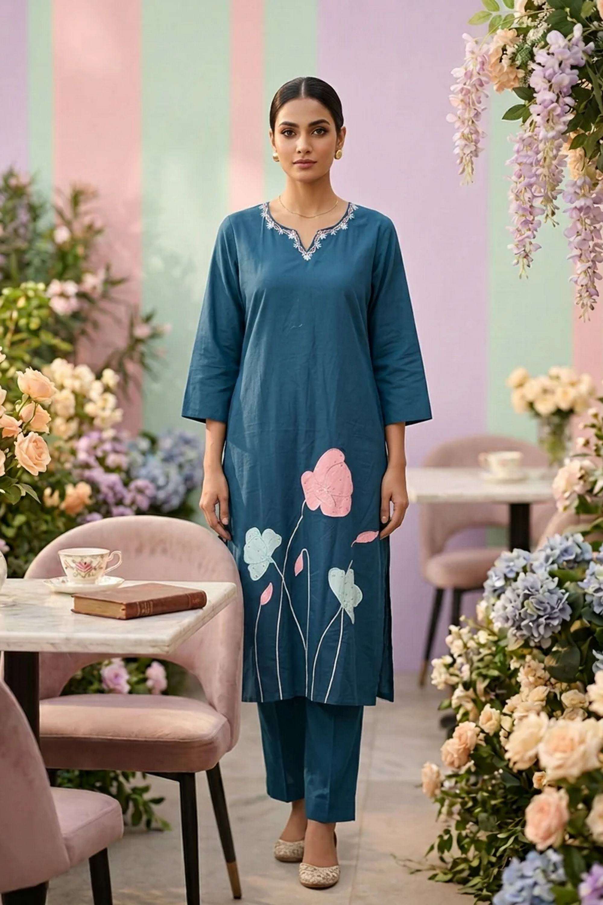 Printed-Cotton-V-Neck-Women-s-Festive-Wear-Kurta-Set