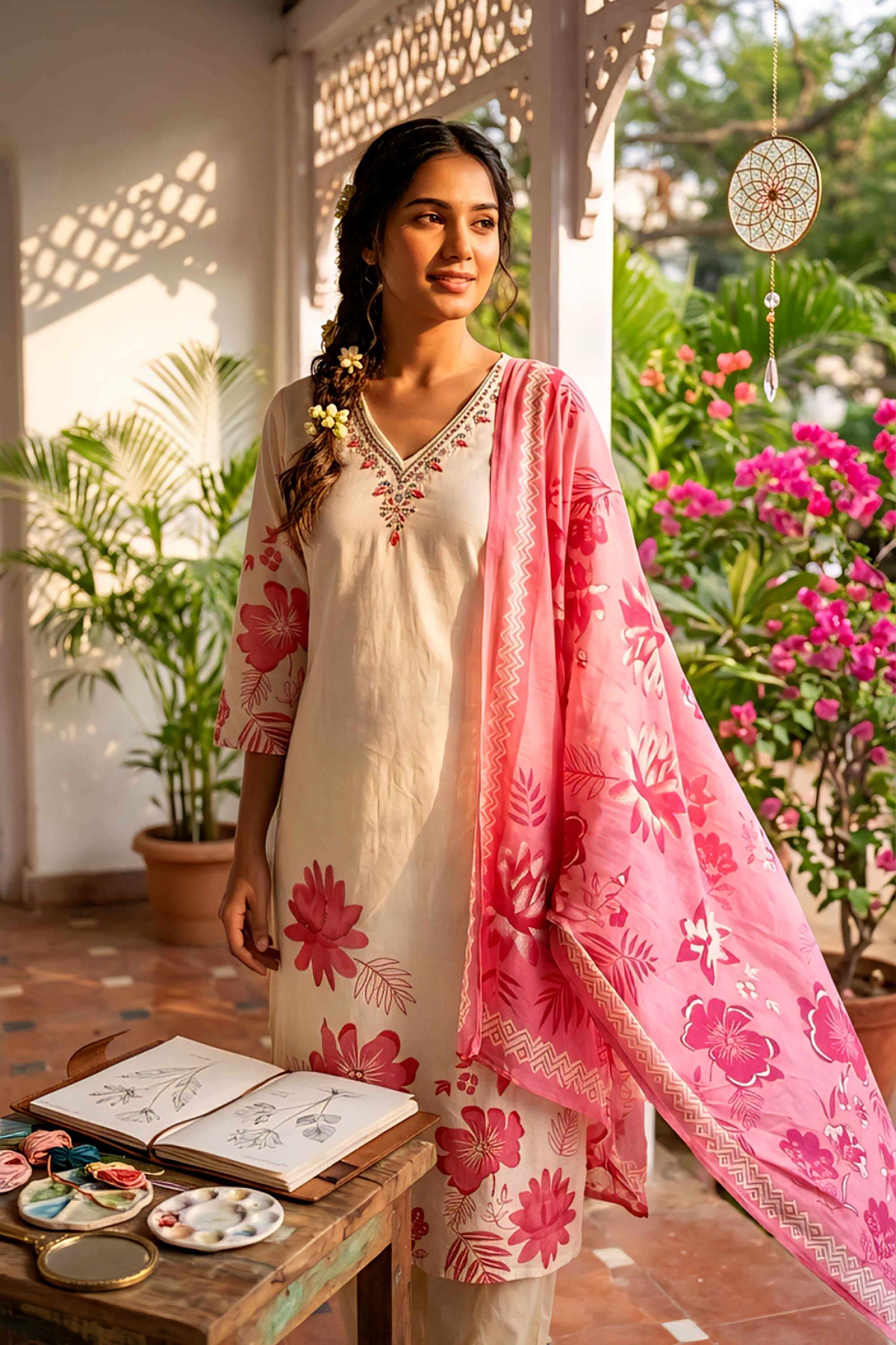 Floral-Cotton-V-Neck-Women-s-Casual-Wear-Kurta-Set
