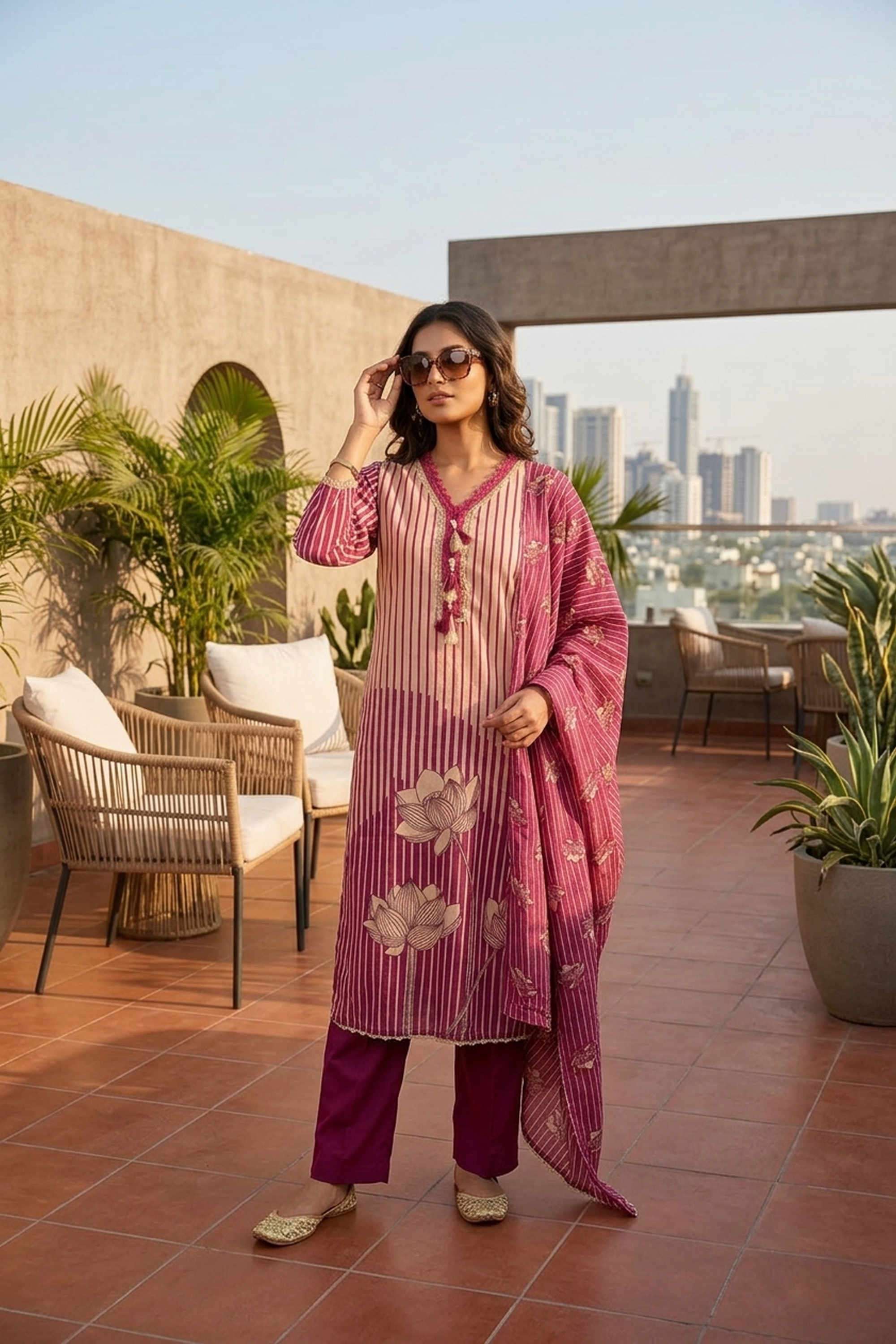 Textured-Blended-Fabric-V-Neck-Women-s-Casual-Wear-Kurta-Set