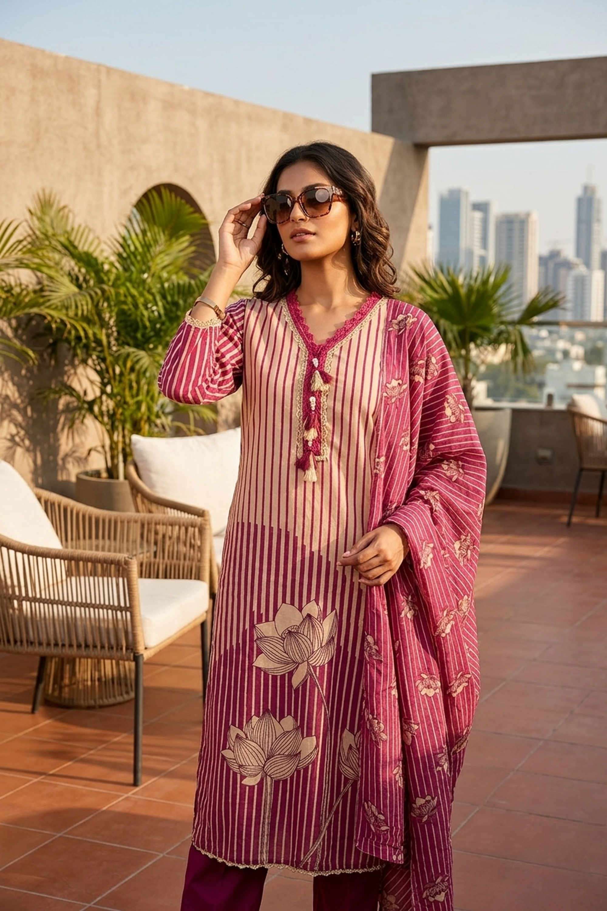 Textured-Blended-Fabric-V-Neck-Women-s-Casual-Wear-Kurta-Set