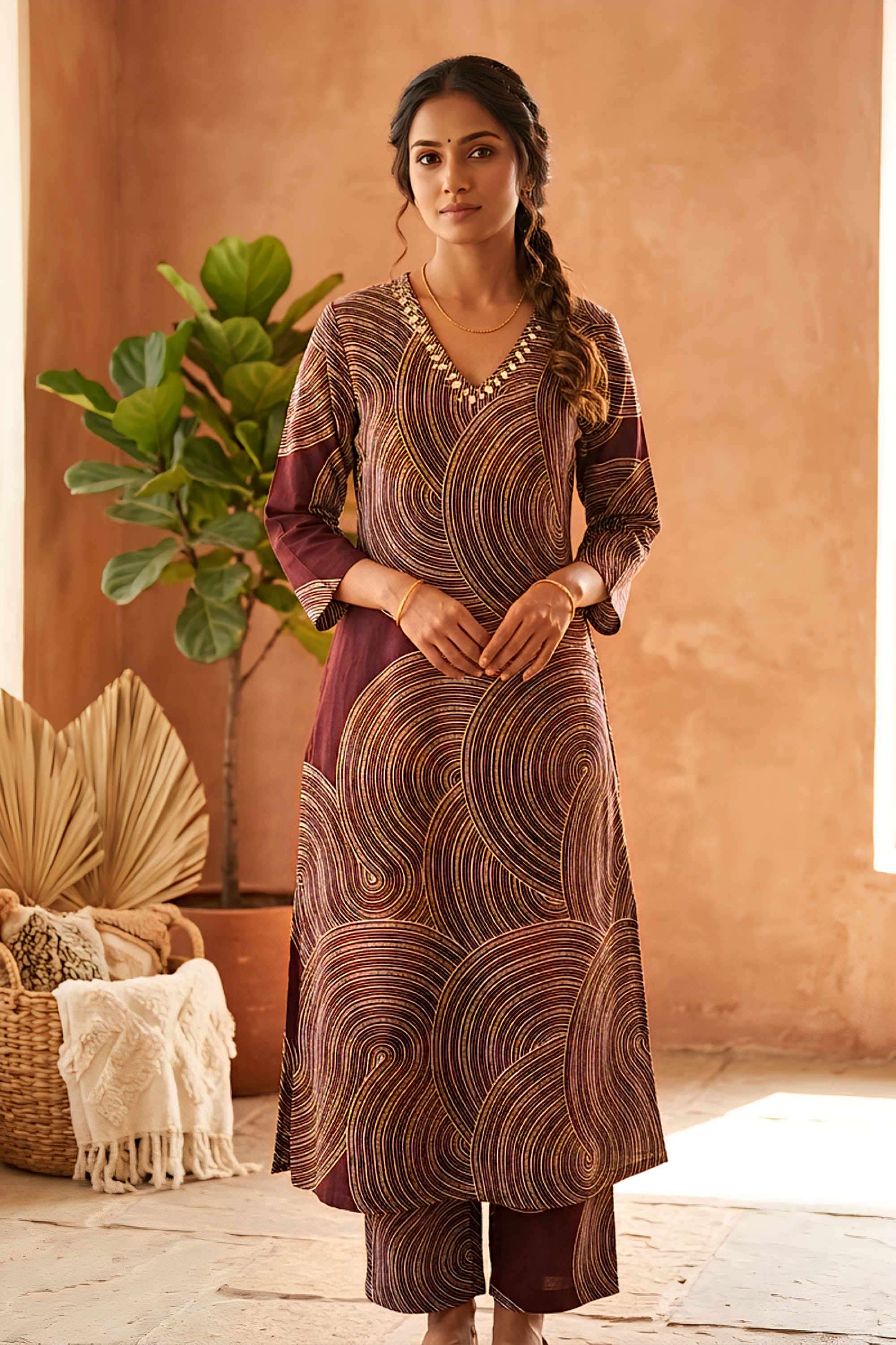 Dobby-Rayon-V-Neck-Women-s-Casual-Wear-Kurta-Set