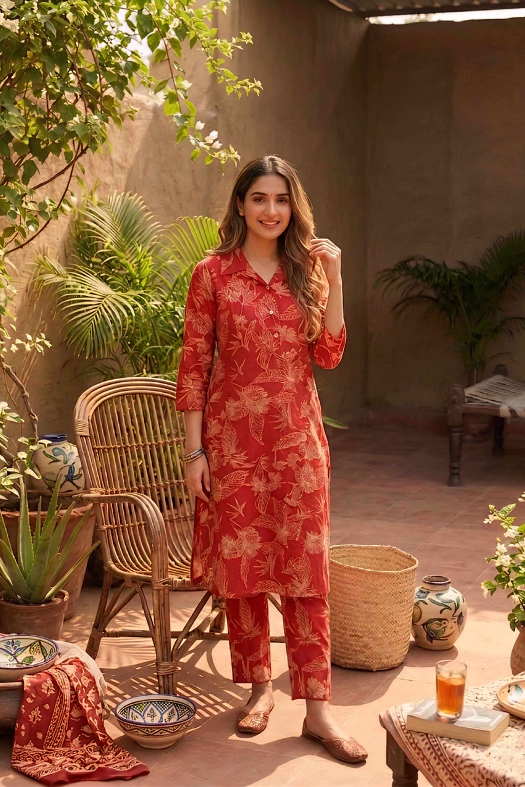 Floral-Cotton-Collared-Women-s-Casual-Wear-Kurta-Set
