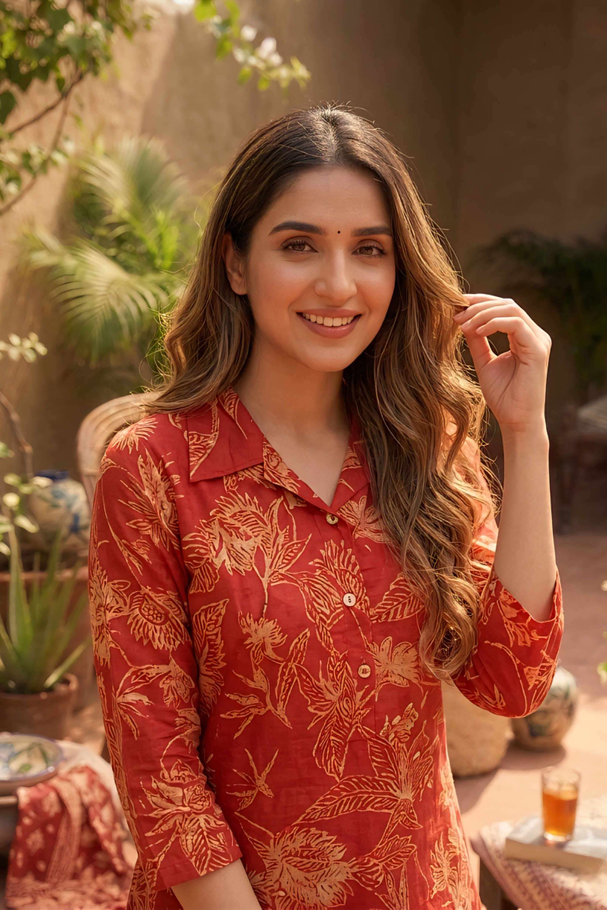 Floral-Cotton-Collared-Women-s-Casual-Wear-Kurta-Set