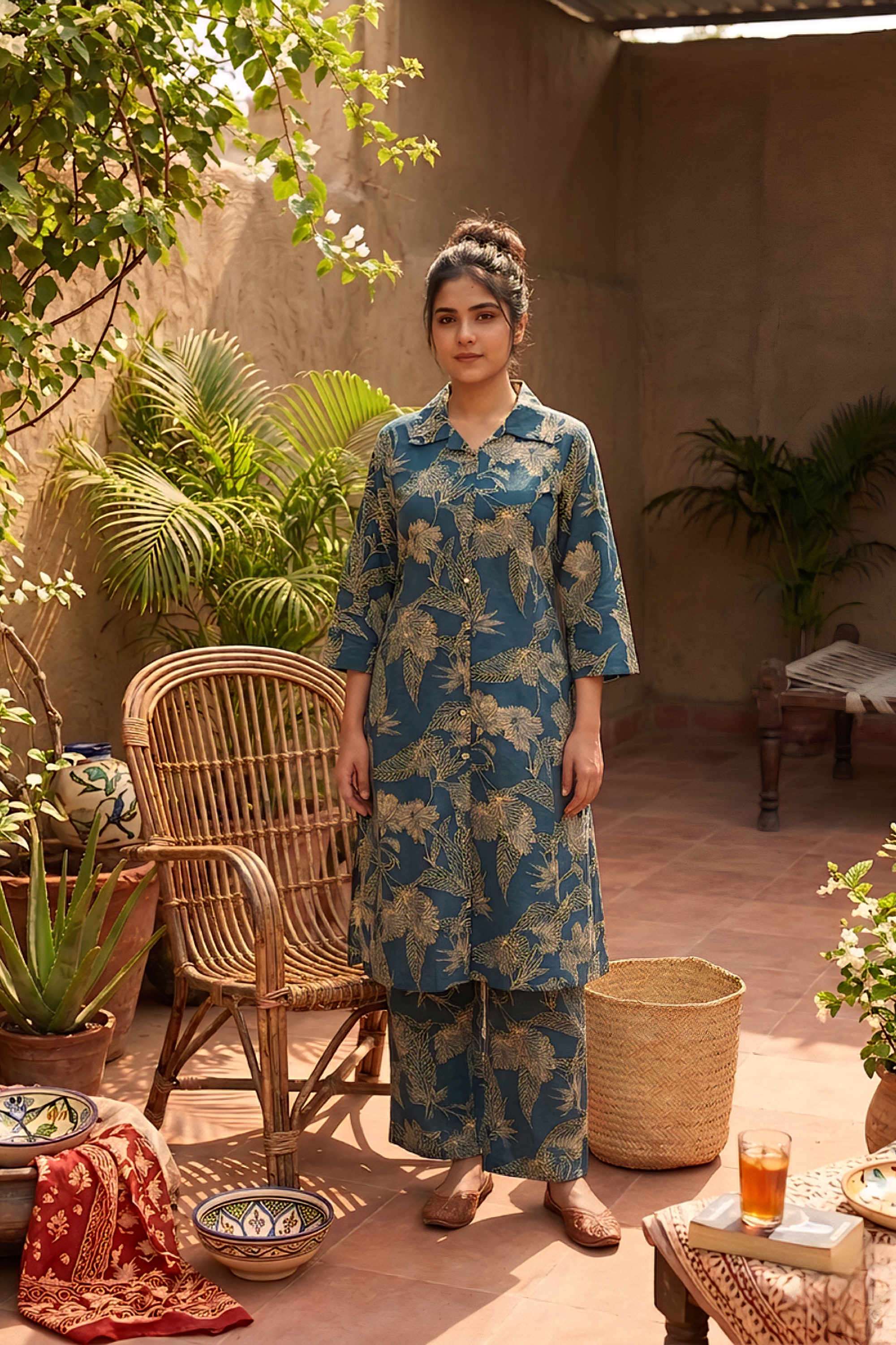 Floral-Cotton-Collared-Women-s-Casual-Wear-Kurta-Set