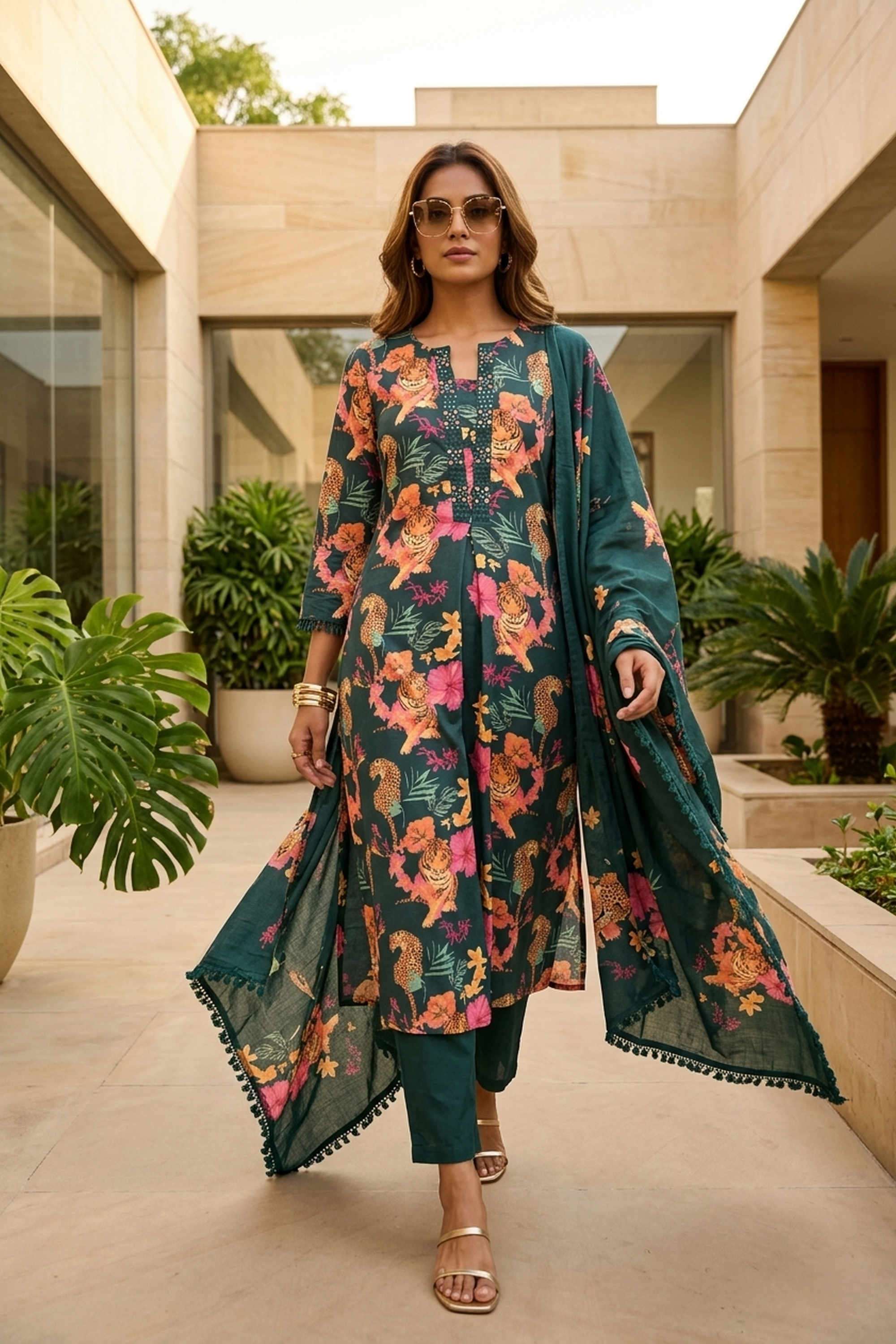 Floral-Cotton-V-Neck-Women-s-Casual-Wear-Kurta-Set