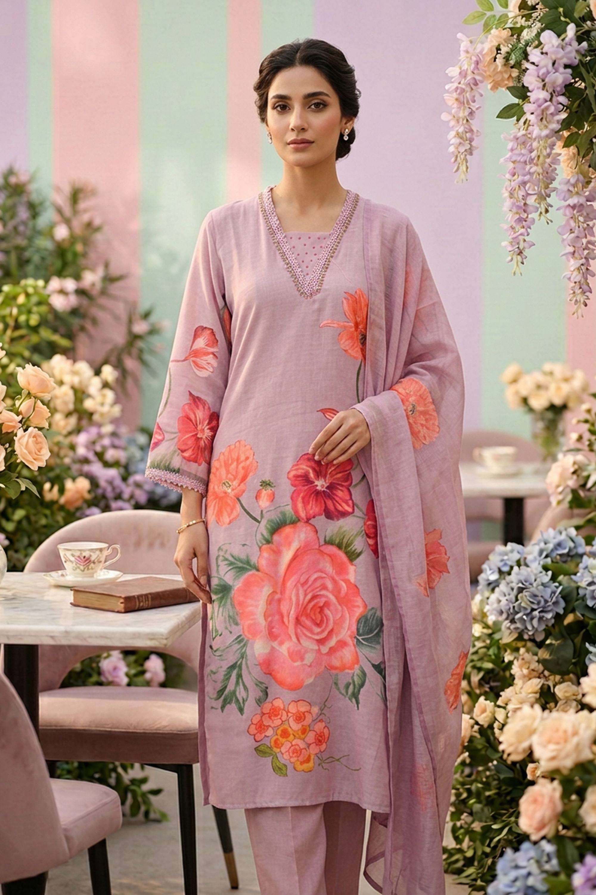 Floral-Blended-Fabric-V-Neck-Women-s-Festive-Wear-Kurta-Set