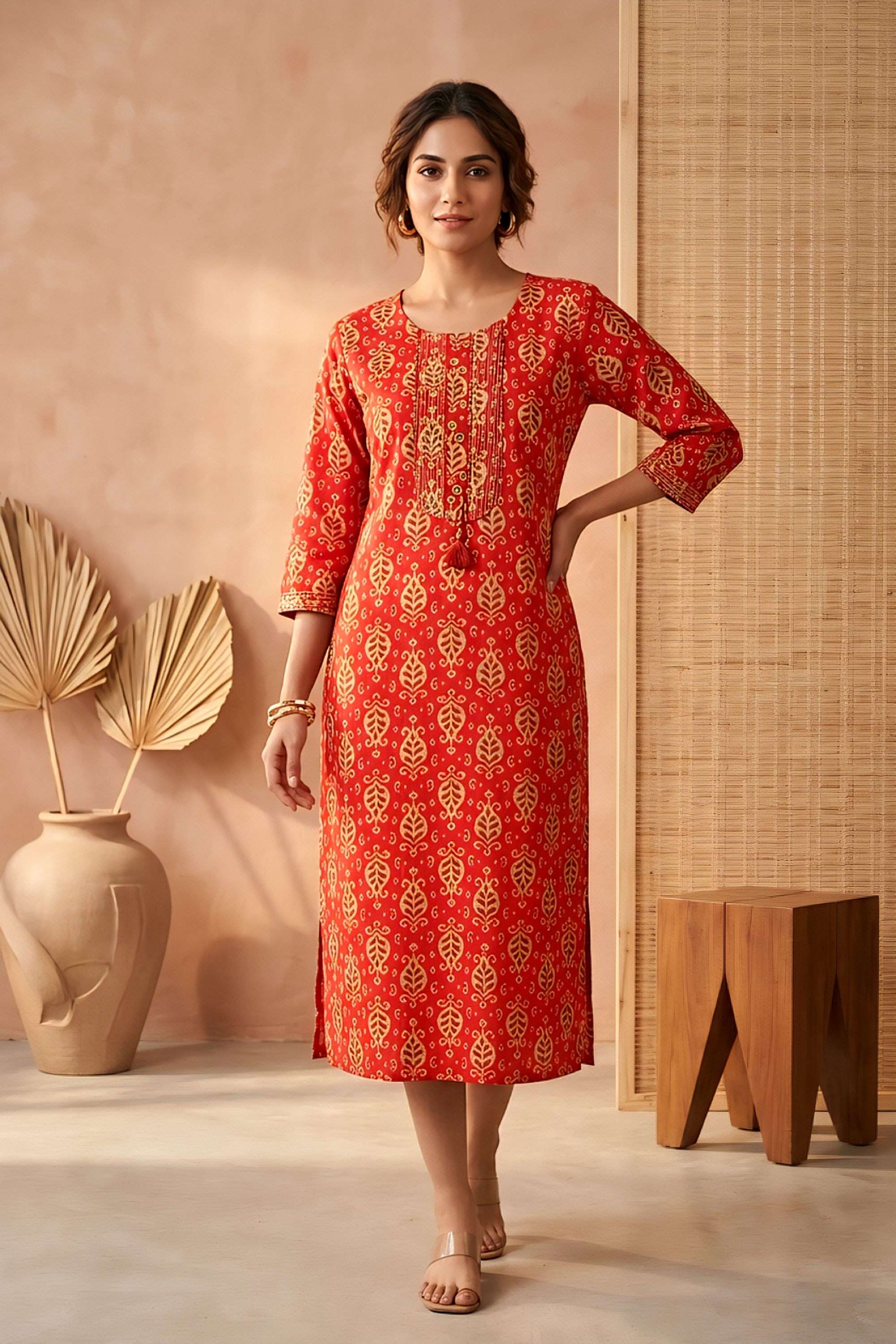 Floral-Rayon-Round-Neck-Women-s-Casual-Wear-Kurta
