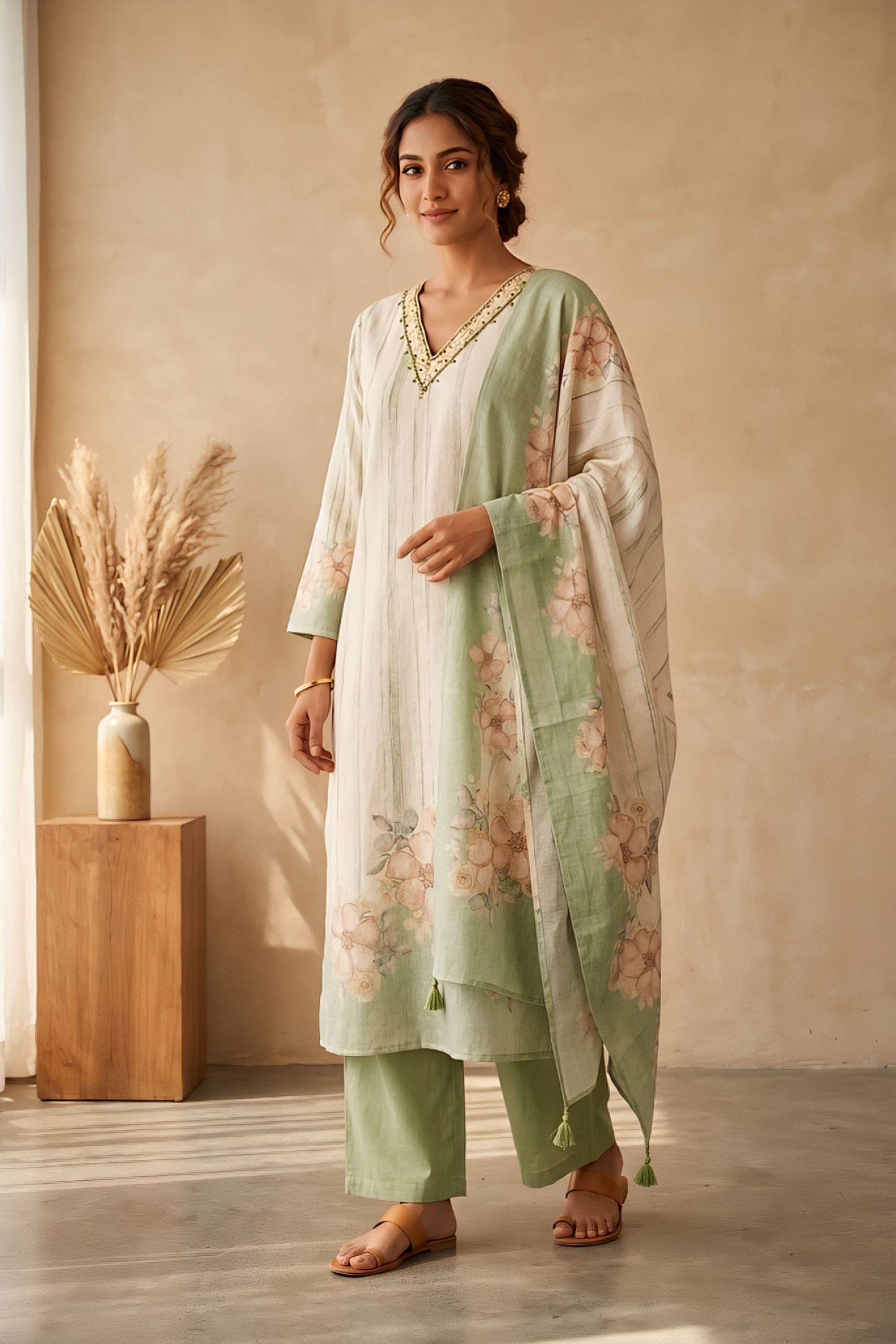 Floral-Linen-V-Neck-Women-s-Casual-Wear-Kurta-Set