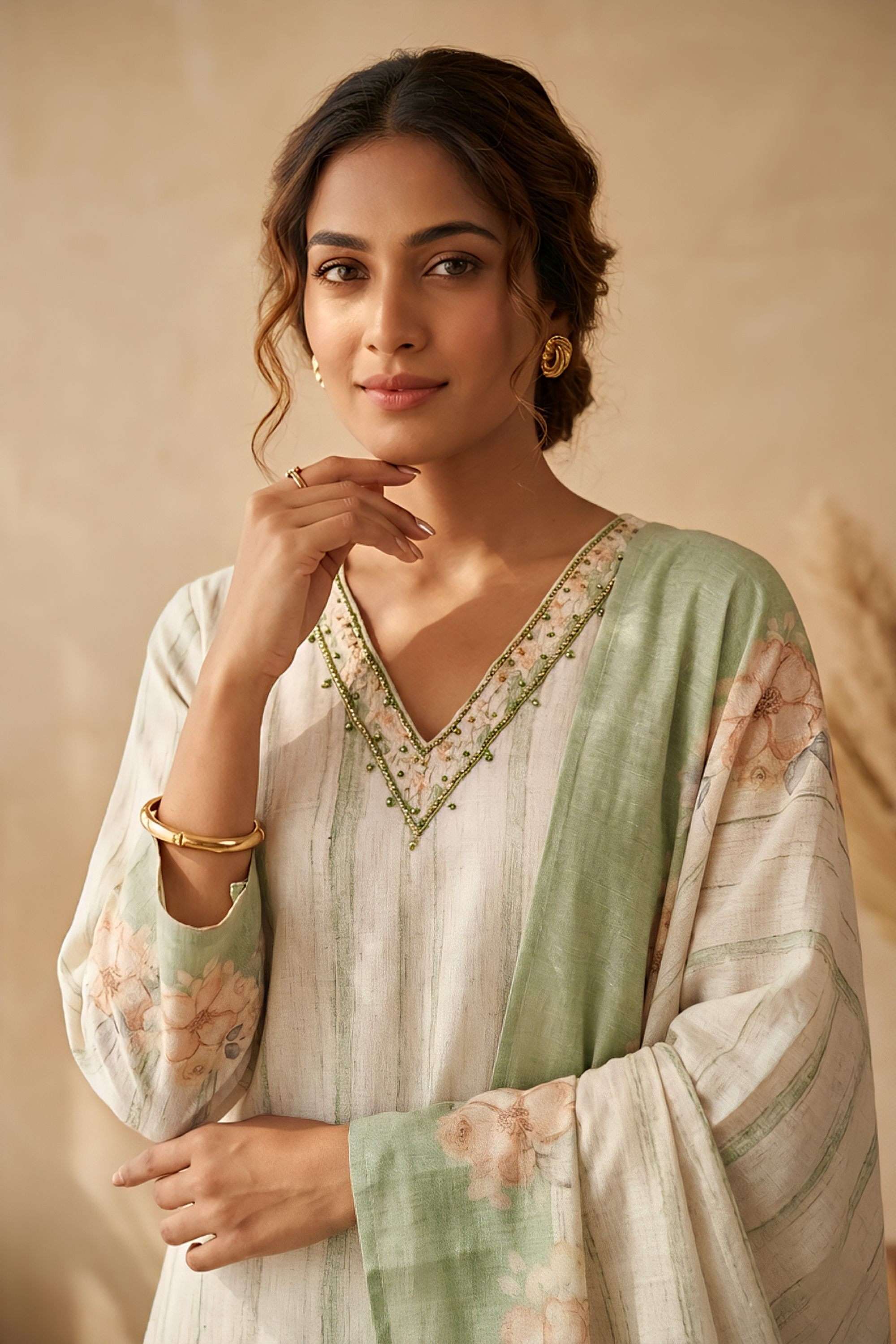 Floral-Linen-V-Neck-Women-s-Casual-Wear-Kurta-Set