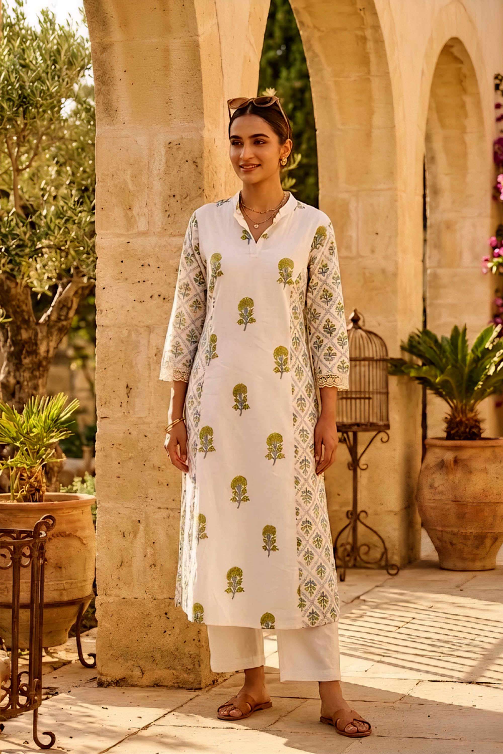 Floral-Blended-Fabric-Collared-Women-s-Casual-Wear-Kurta-Set