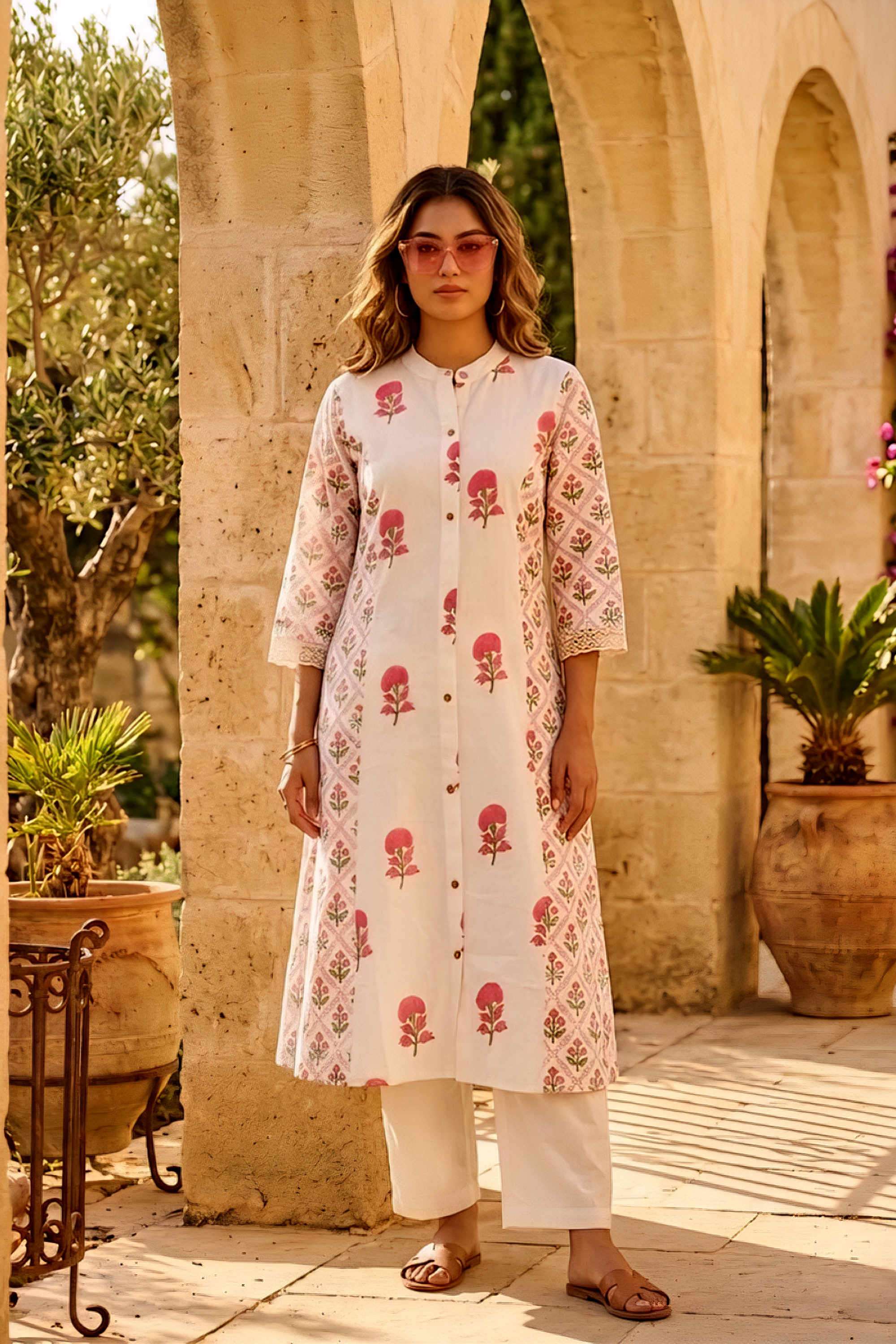 Floral-Blended-Fabric-Collared-Women-s-Casual-Wear-Kurta-Set