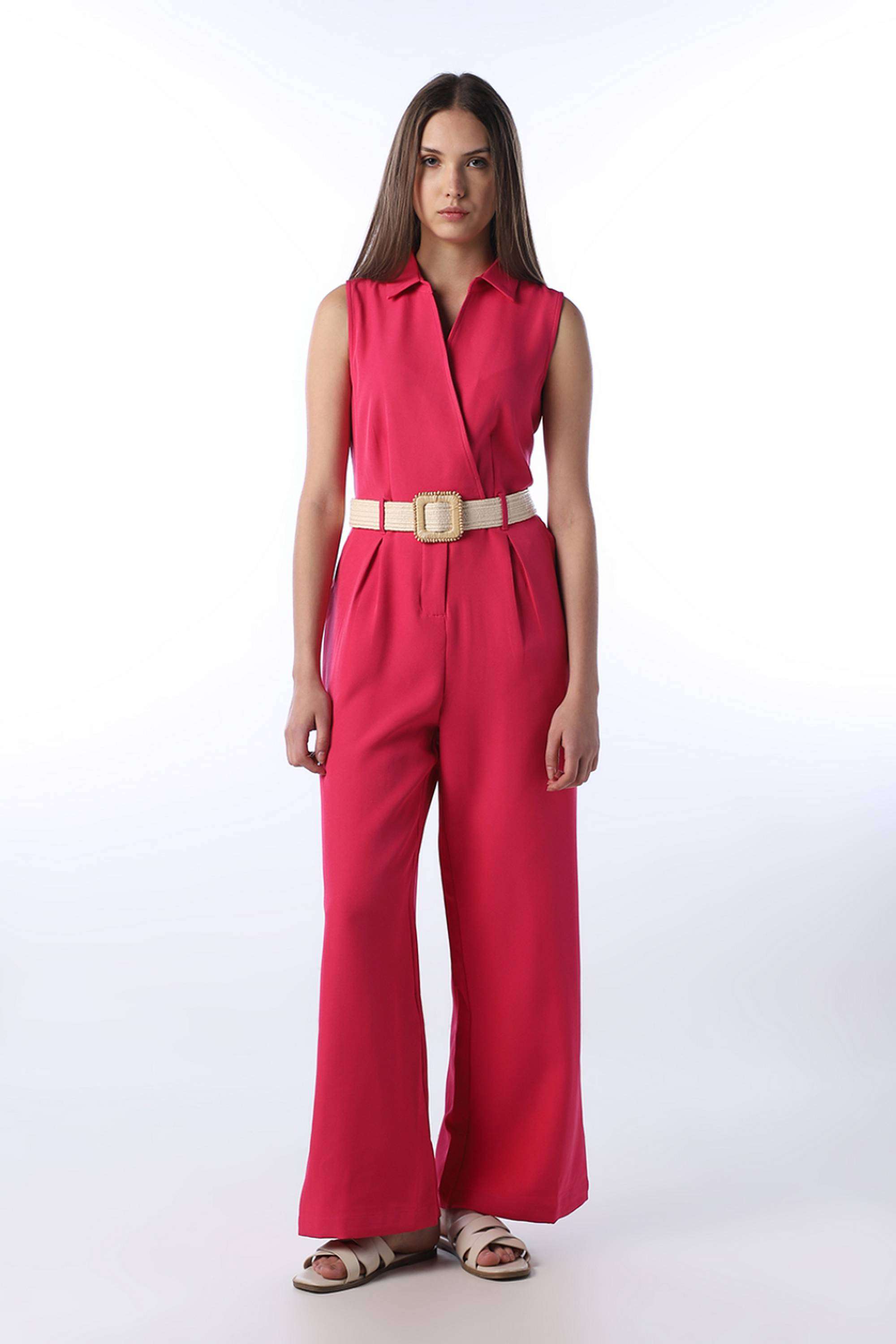 Solid-Polyester-Collared-Women-s-Jumpsuit