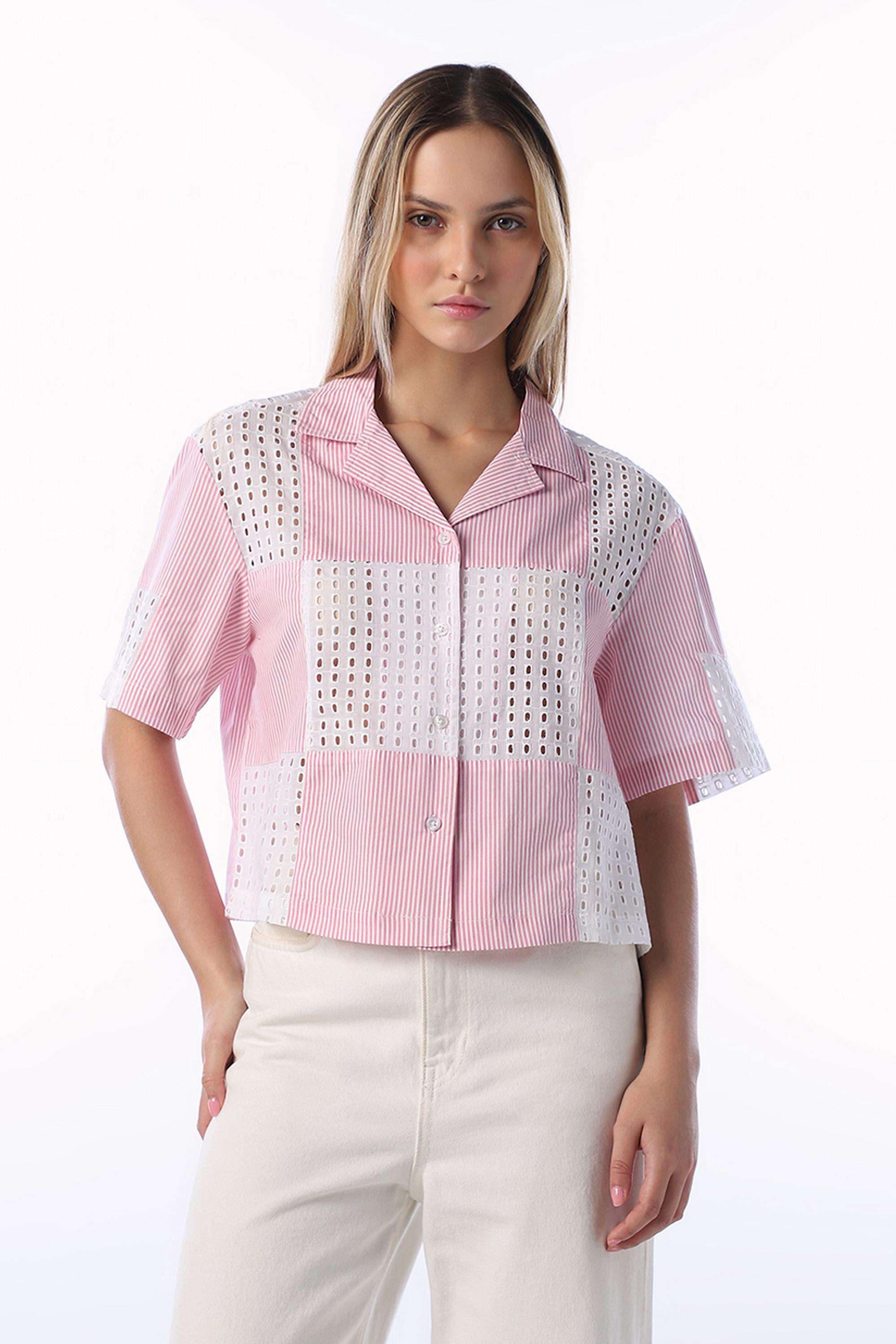Schiffli-Lapel-Collar-Cotton-Women-s-Casual-Wear-Shirt