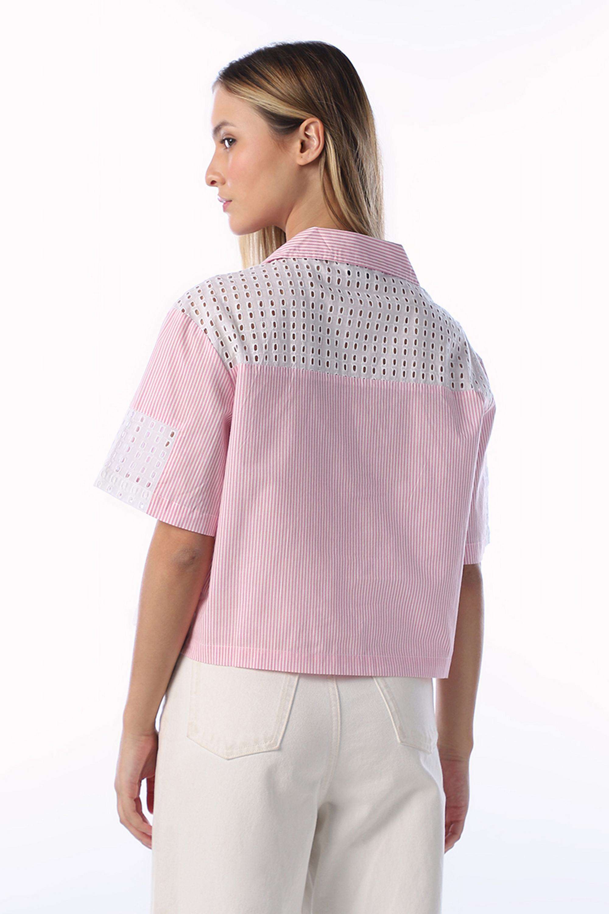 Schiffli-Lapel-Collar-Cotton-Women-s-Casual-Wear-Shirt