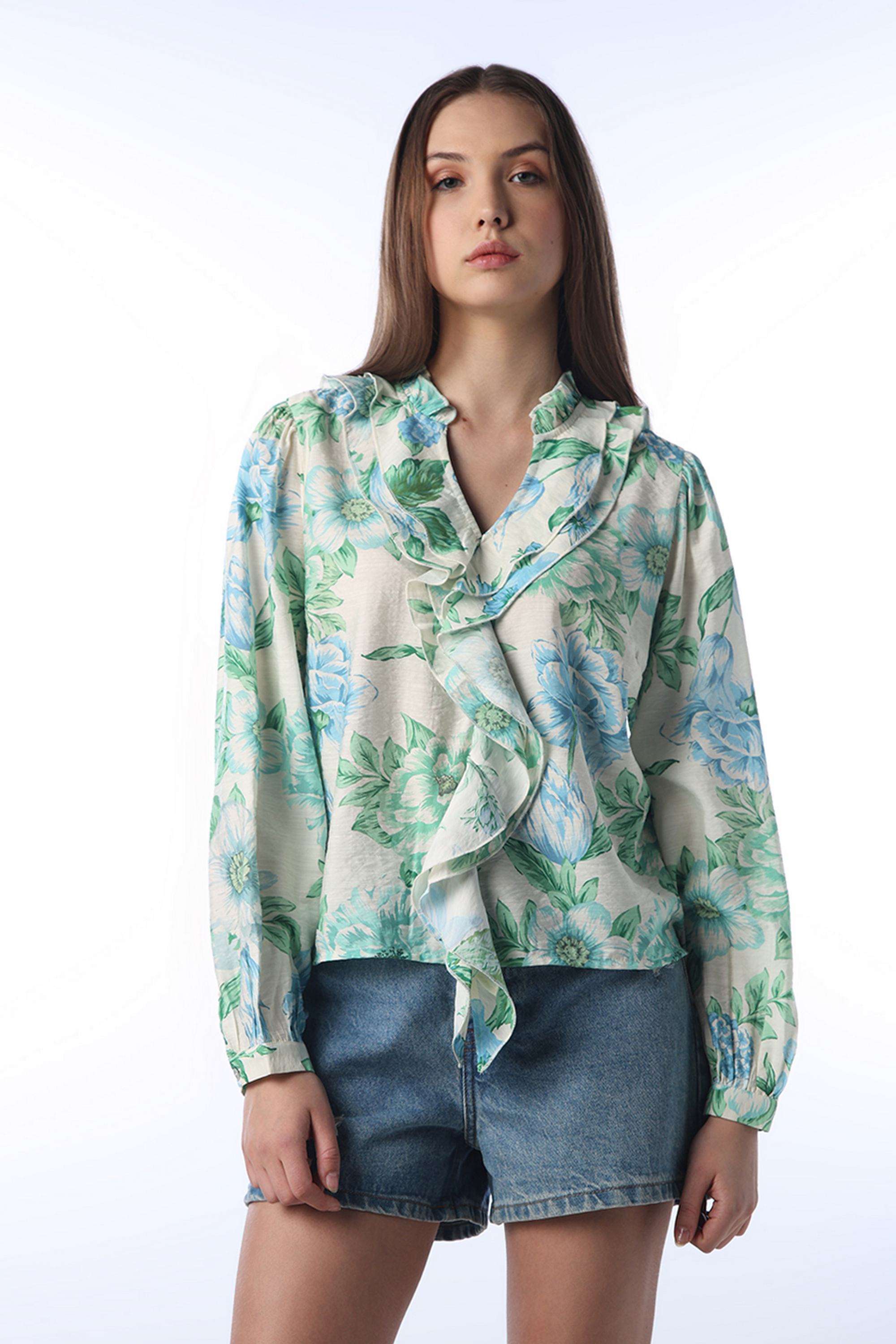 Floral-Viscose-V-Neck-Women-s-Top