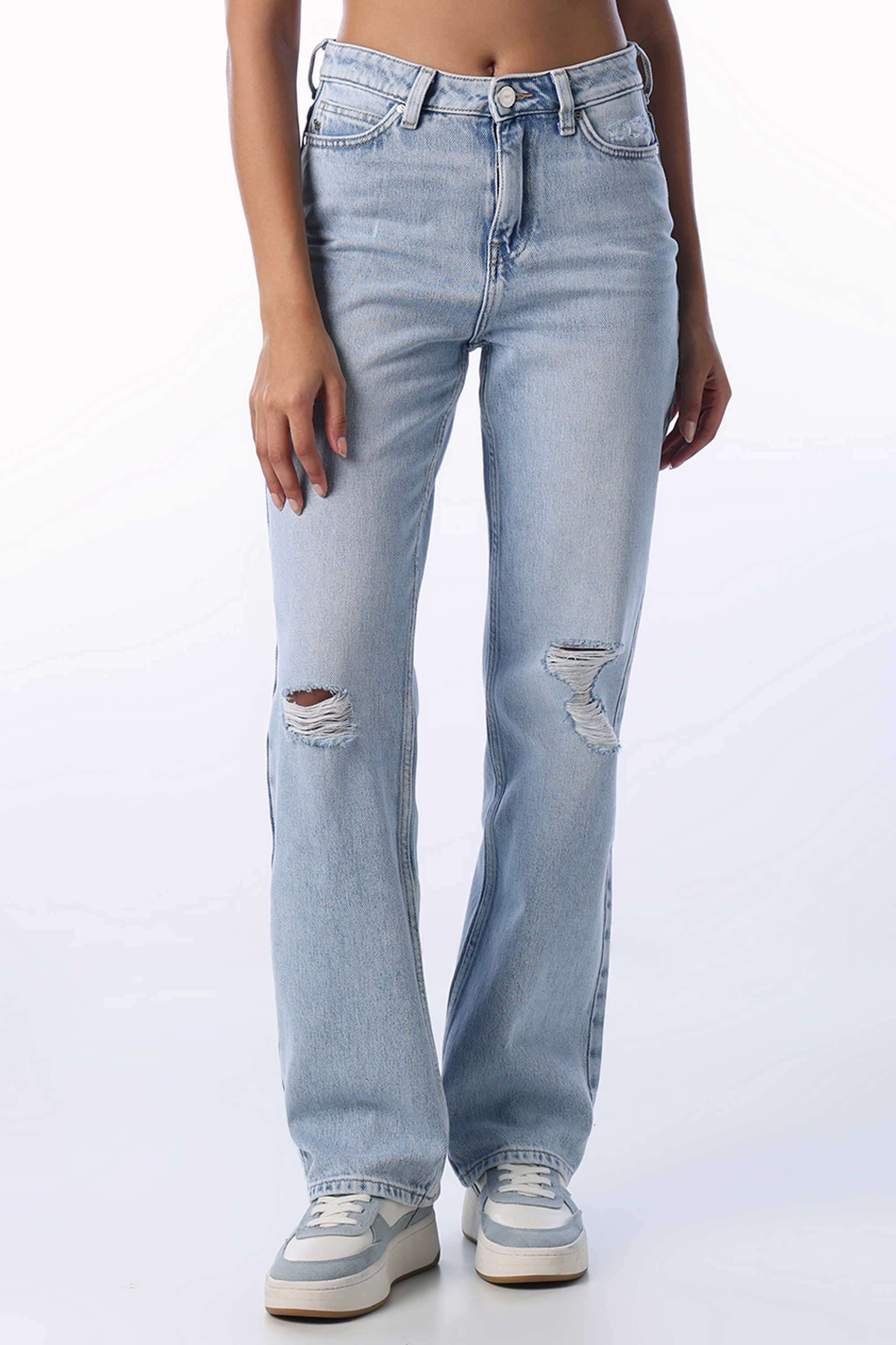 only High Rise Light Wash Cotton Straight Fit Women's Jeans-picture-41