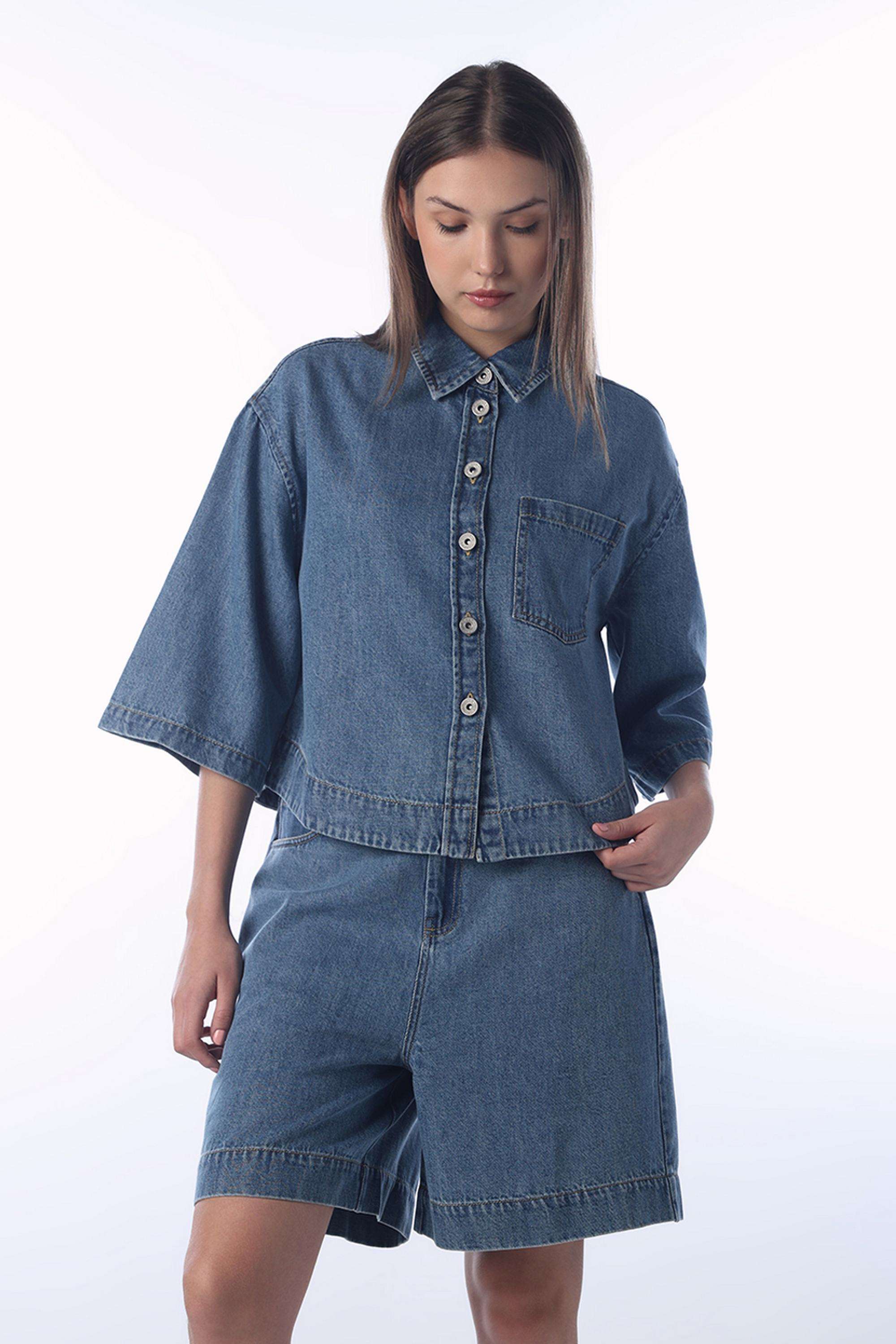 Solid-Spread-Collar-Cotton-Women-s-Casual-Wear-Shirt