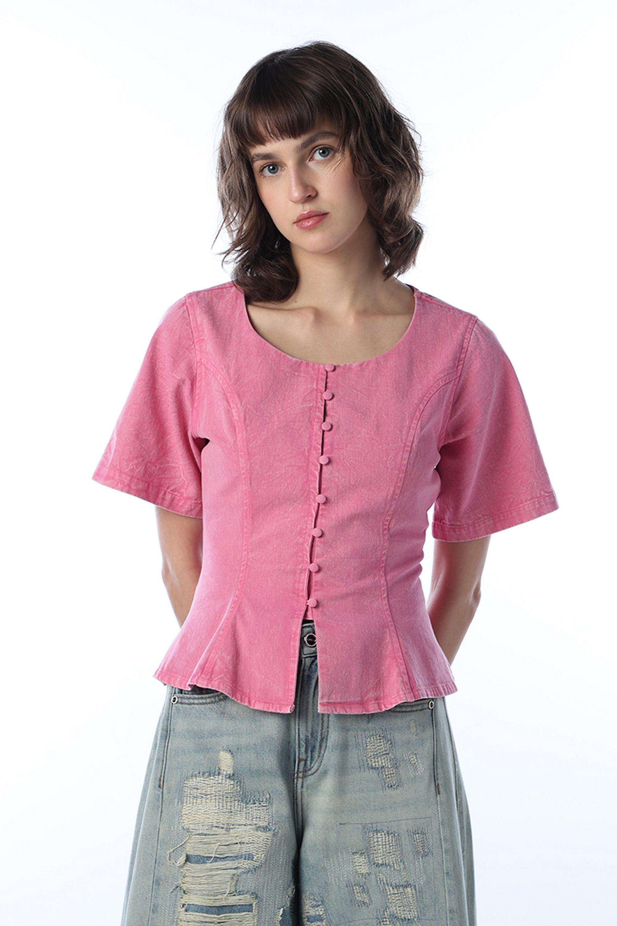 Solid-Cotton-Round-Neck-Women-s-Top