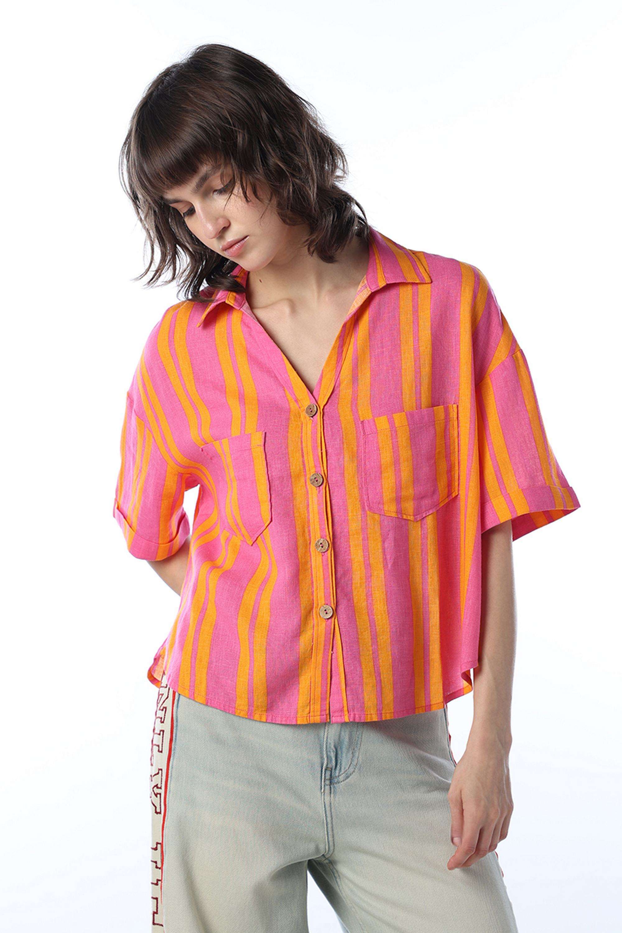 Stripes-Spread-Collar-Viscose-Women-s-Casual-Wear-Shirt
