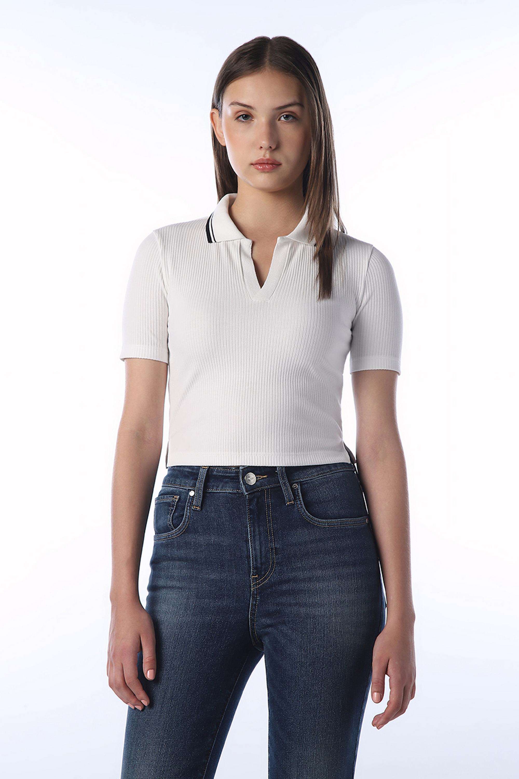 Solid-Polyester-Collared-Women-s-T-Shirt