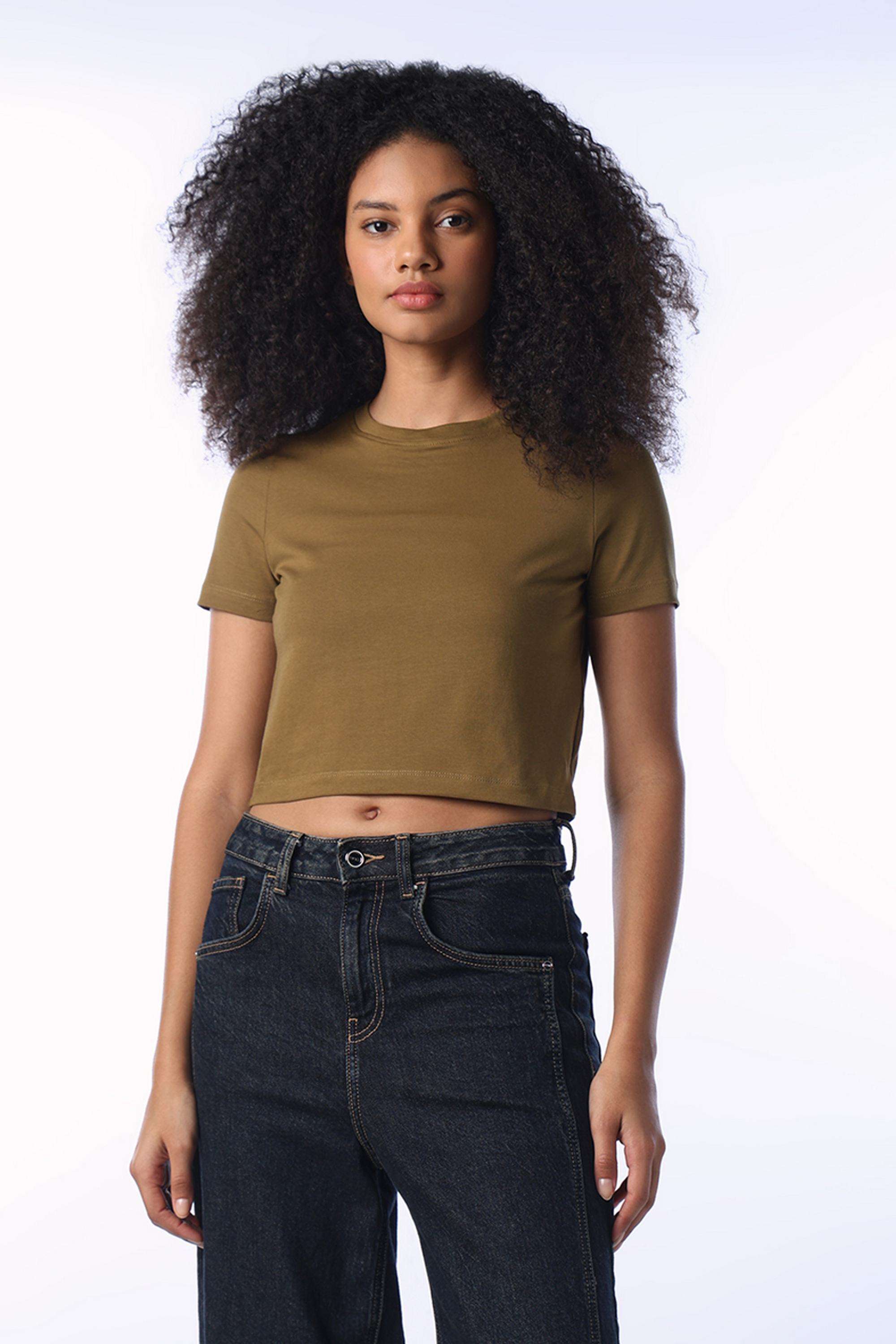 Solid-Cotton-Round-Neck-Women-s-T-Shirt