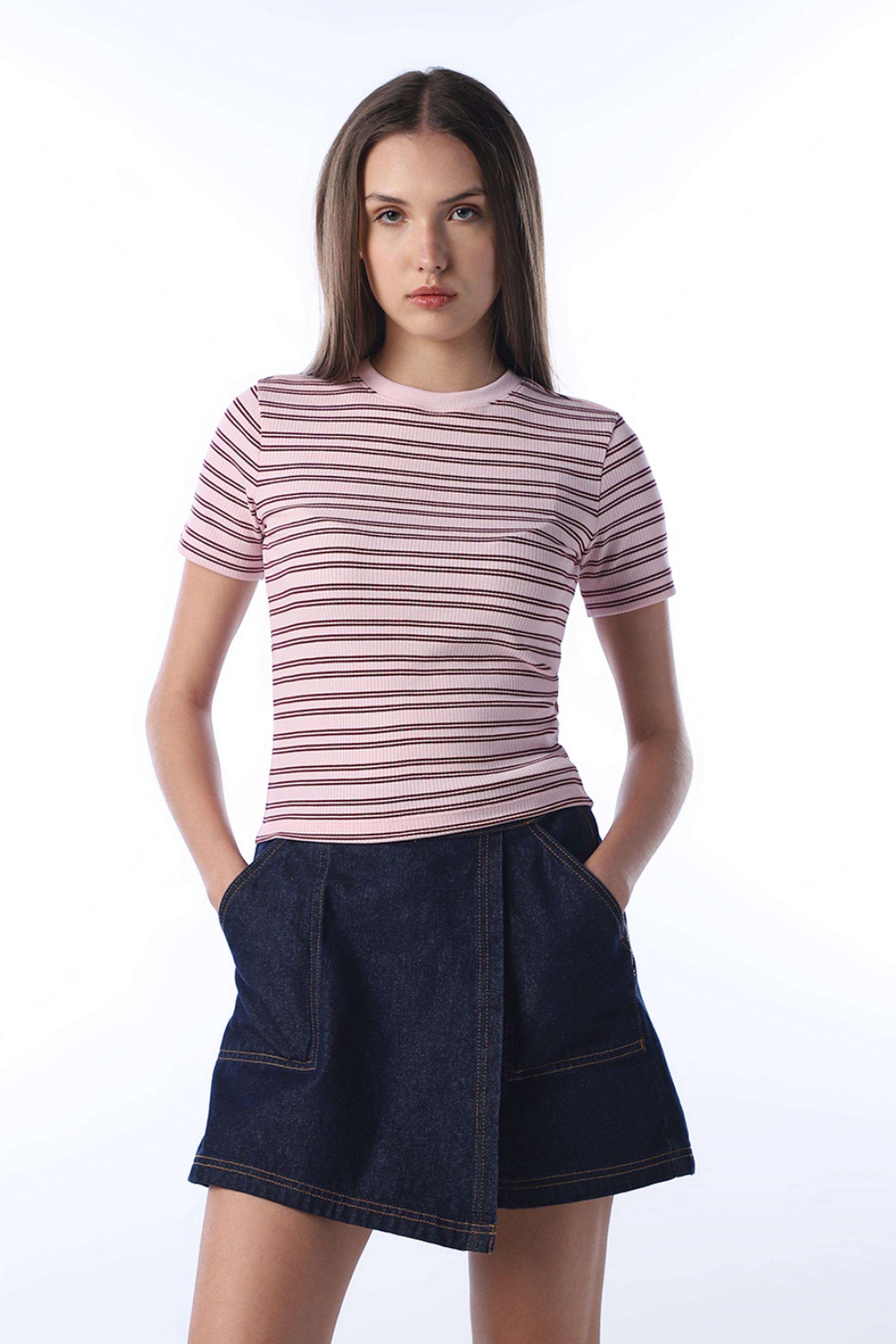Stripes-Polyester-Round-Neck-Women-s-T-Shirt