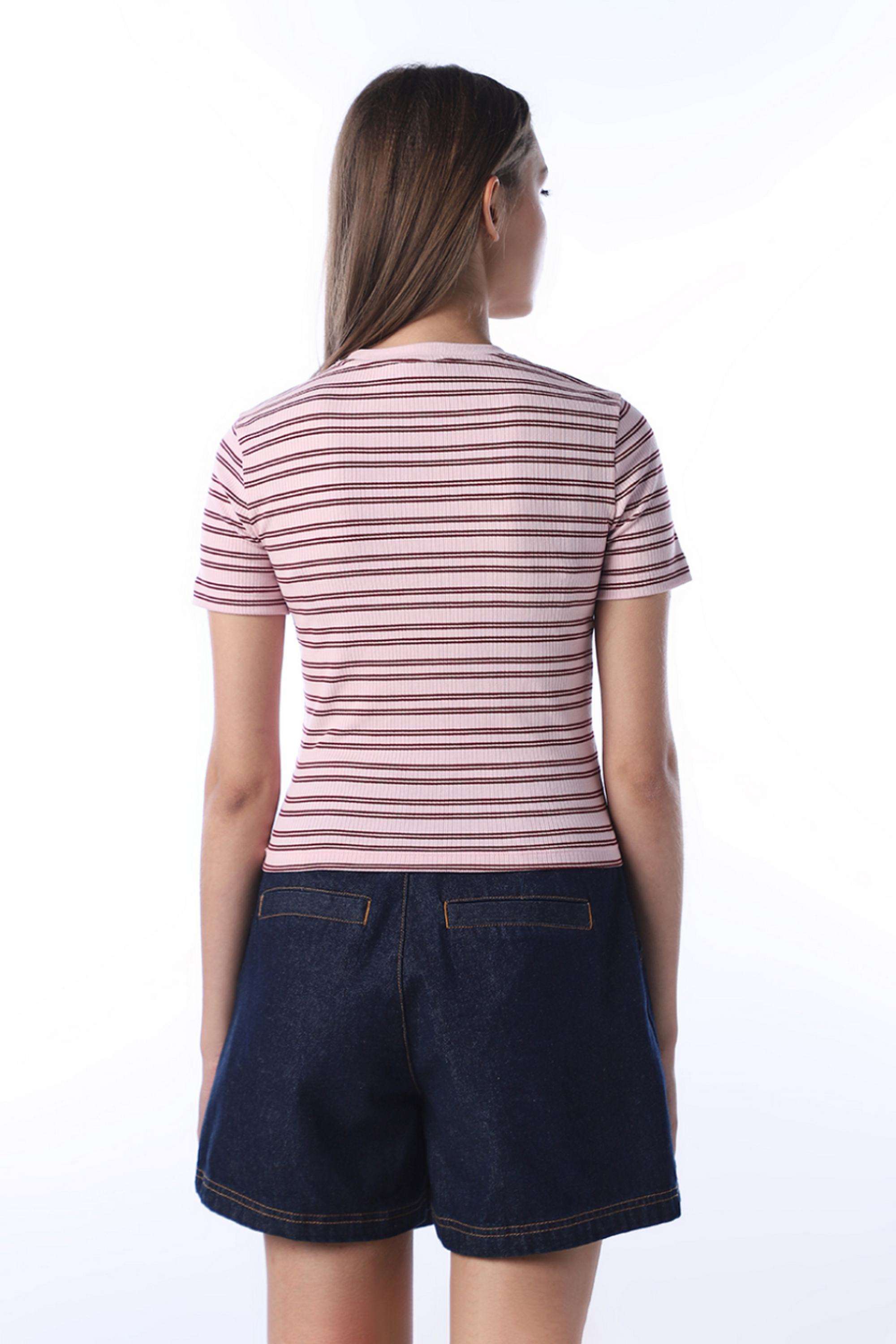 Stripes-Polyester-Round-Neck-Women-s-T-Shirt