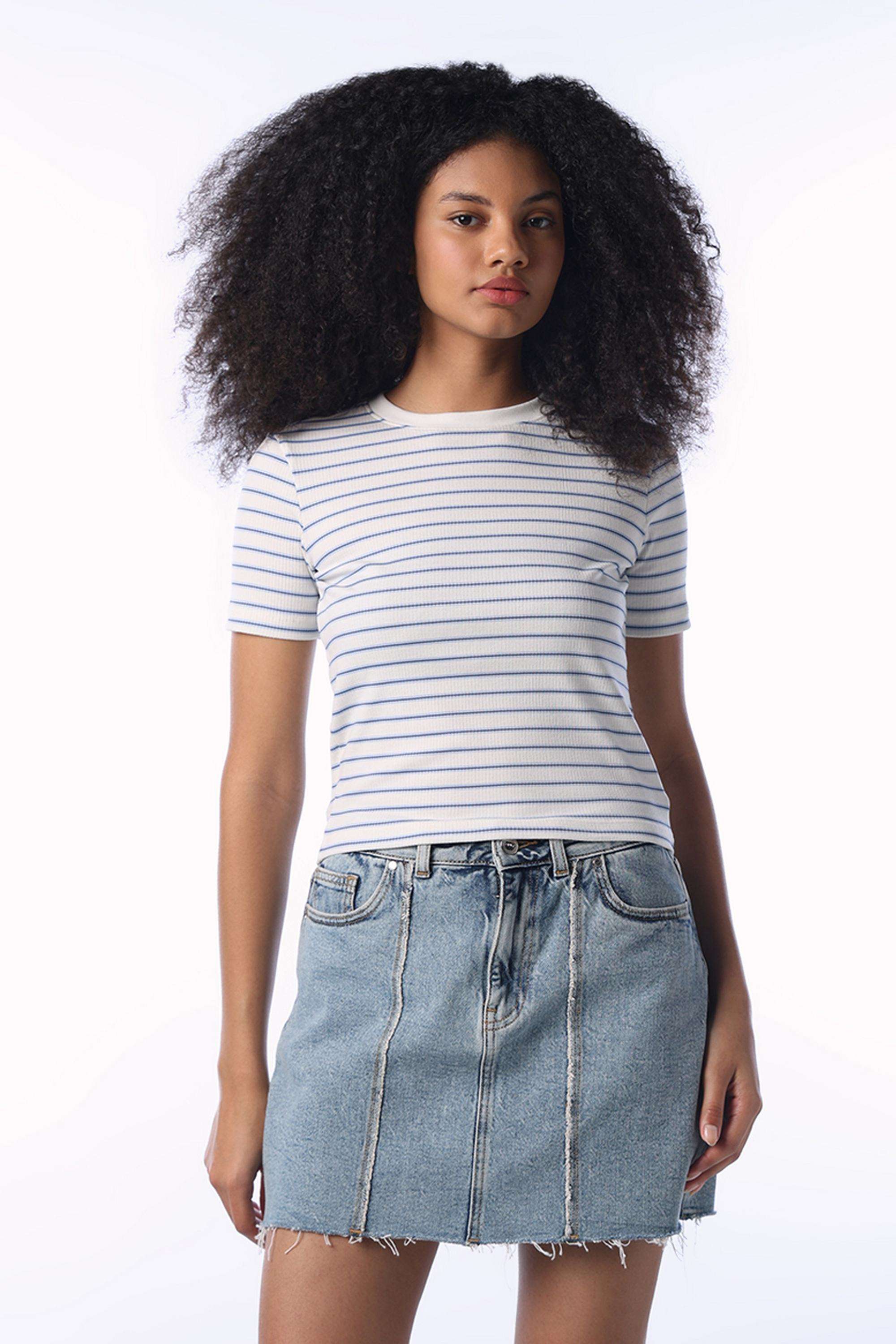 Stripes-Polyester-Round-Neck-Women-s-T-Shirt
