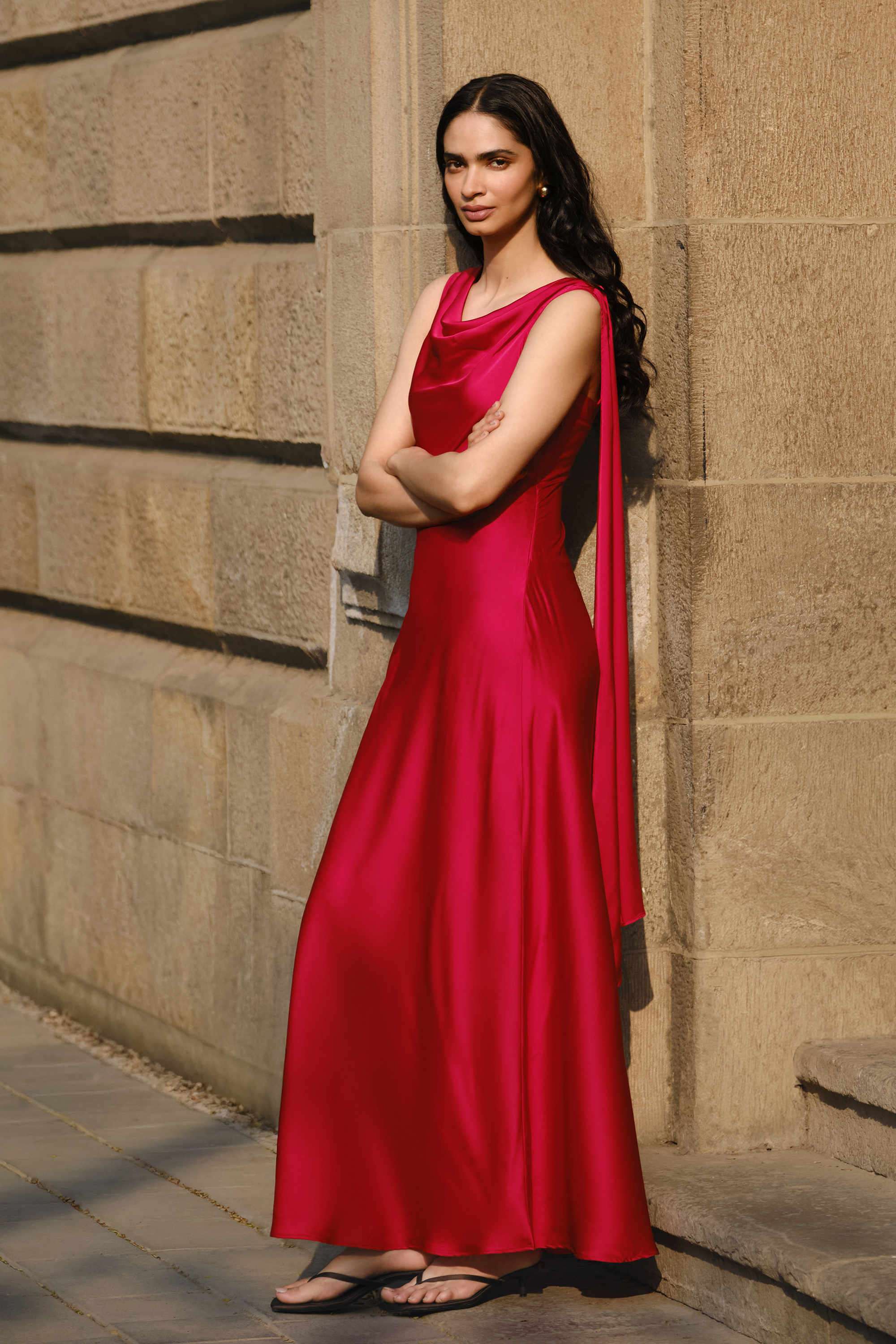 Solid-Polyester-Cowl-Neck-Women-s-Dress