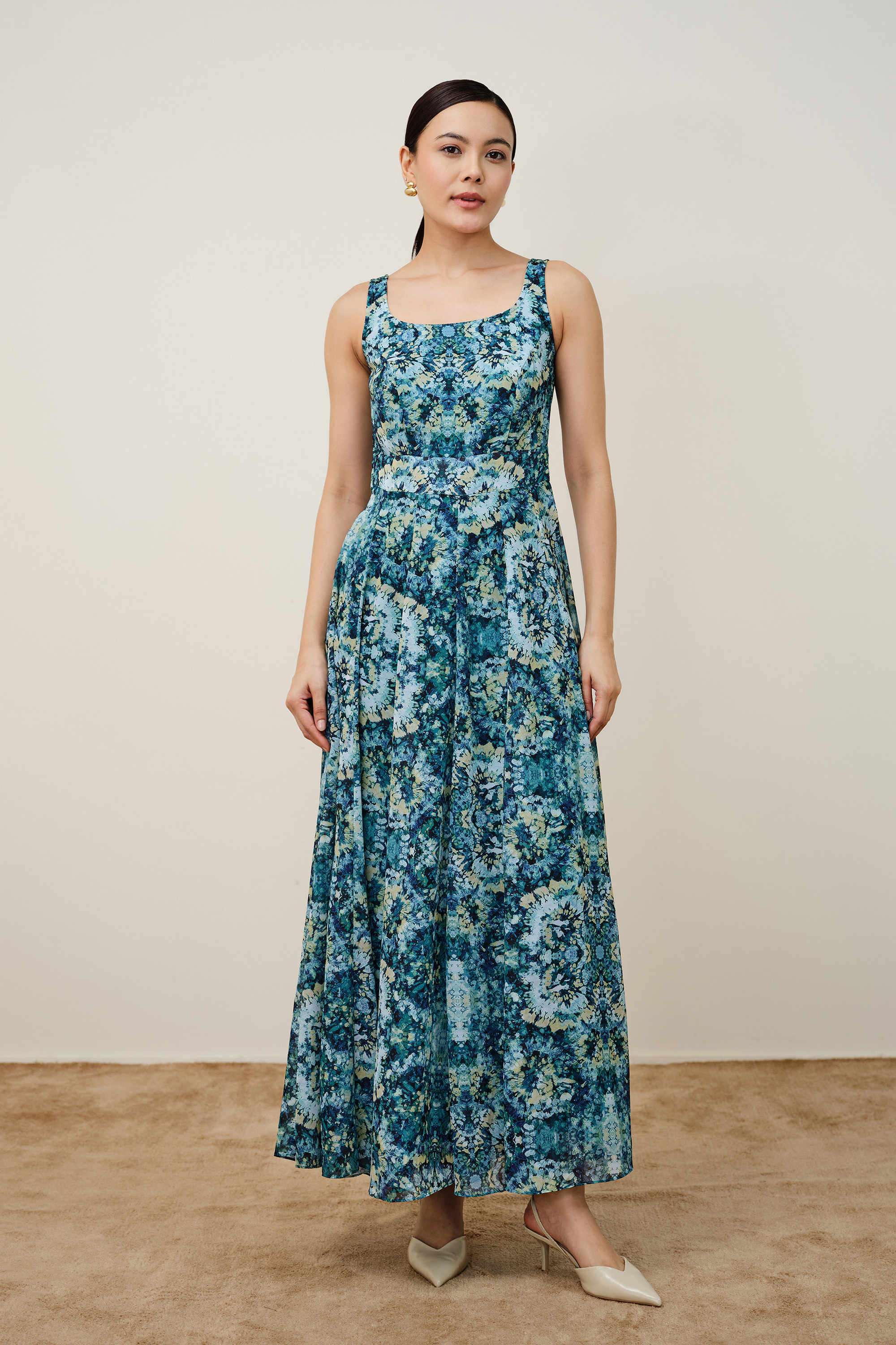 Printed-Scoop-Neck-Polyester-Women-s-Full-Length-Dress