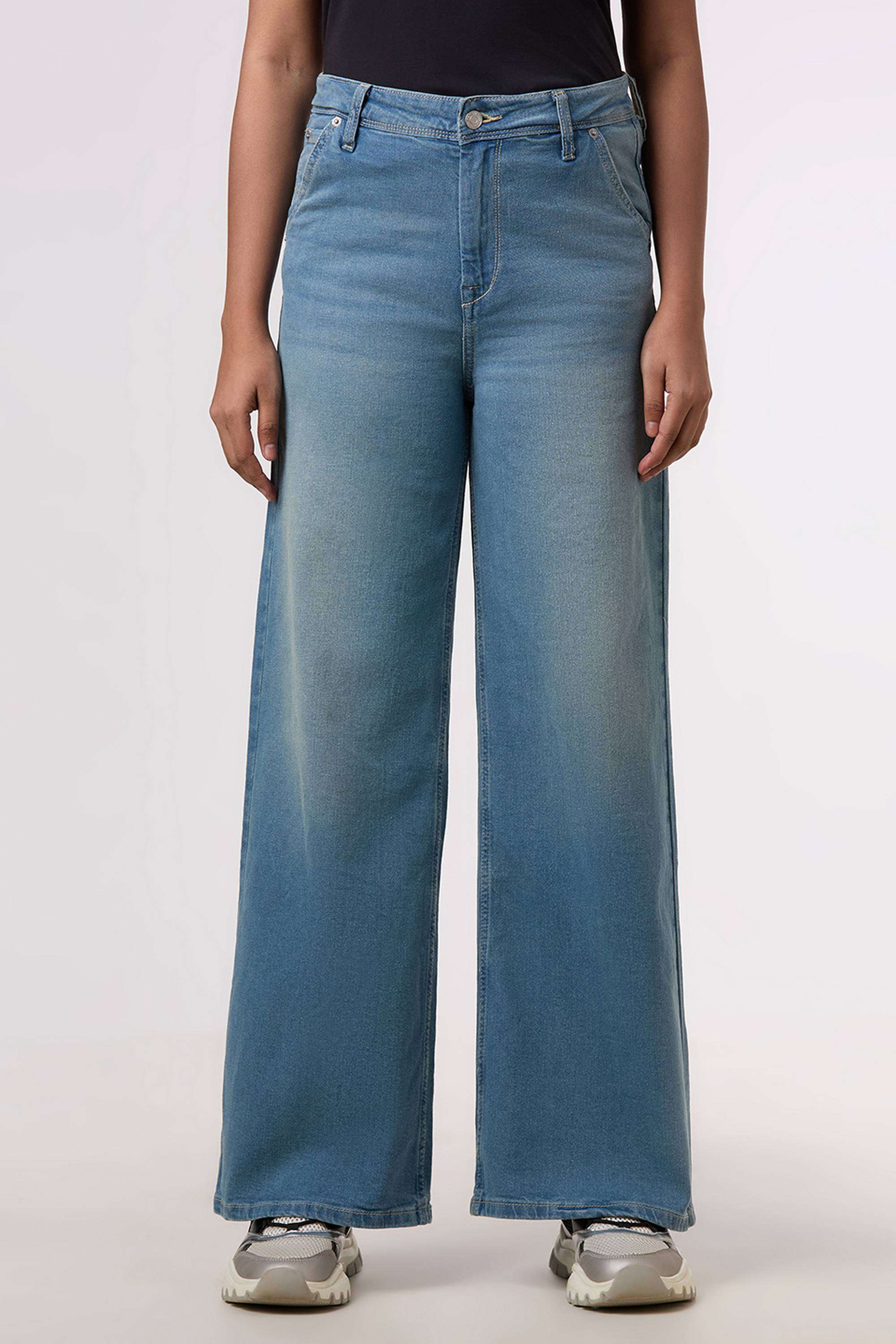 Solid-Wide-Leg-Fit-Blended-Fabric-Women-s-Casual-Wear-Jeans