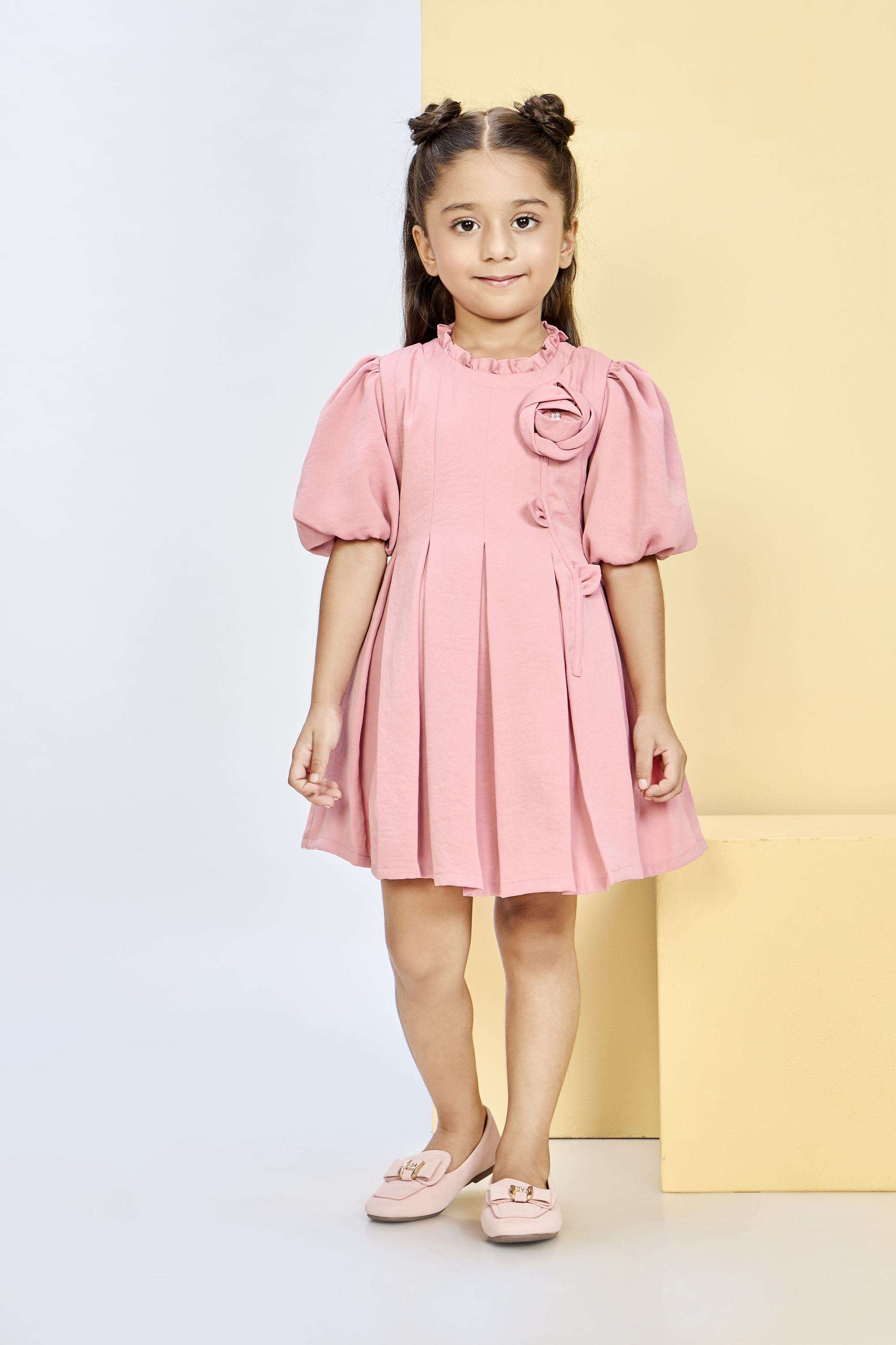 Solid-Polyester-Round-Neck-Girls-Party-Wear-Dress