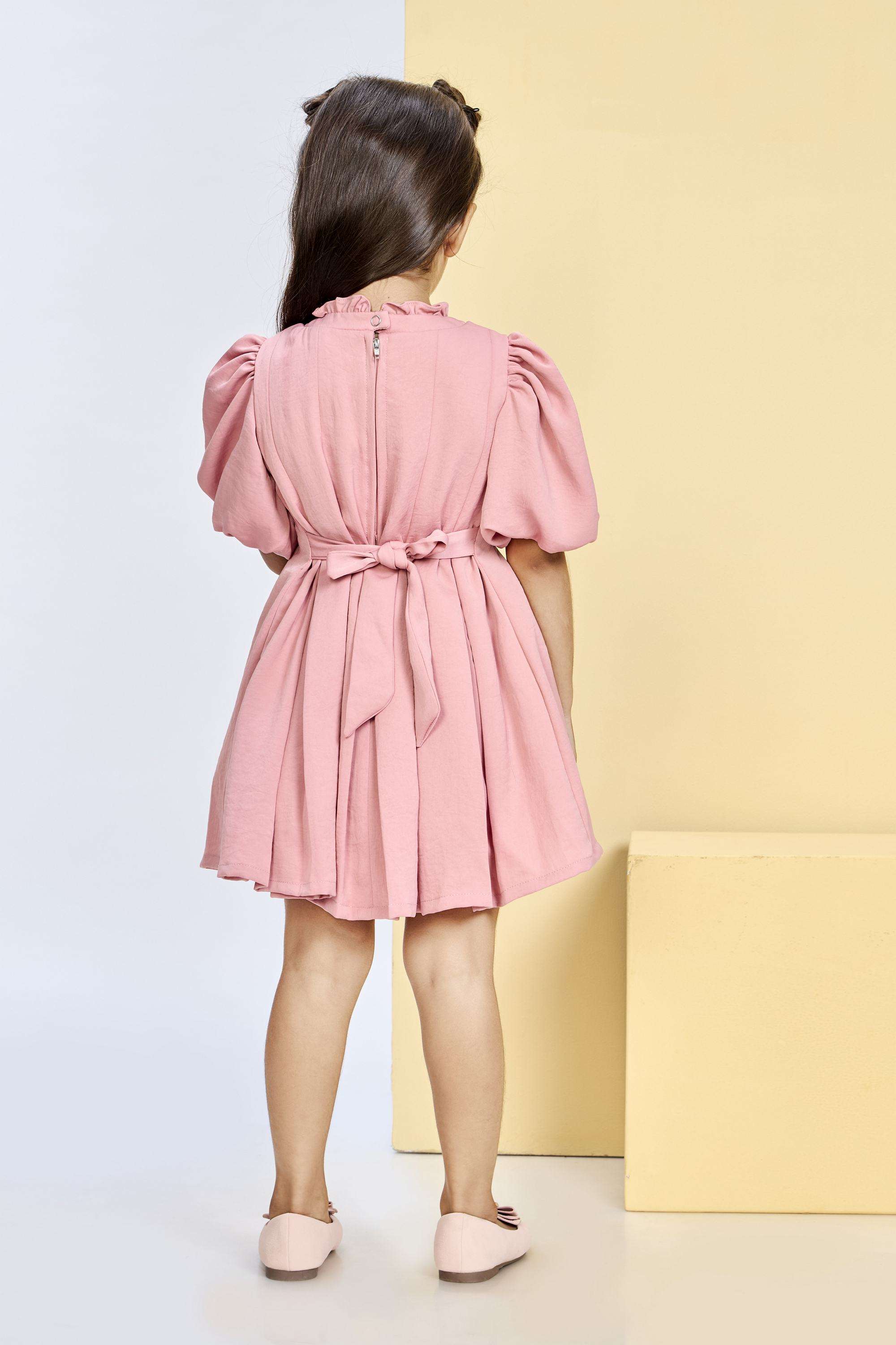 Solid-Polyester-Round-Neck-Girls-Party-Wear-Dress