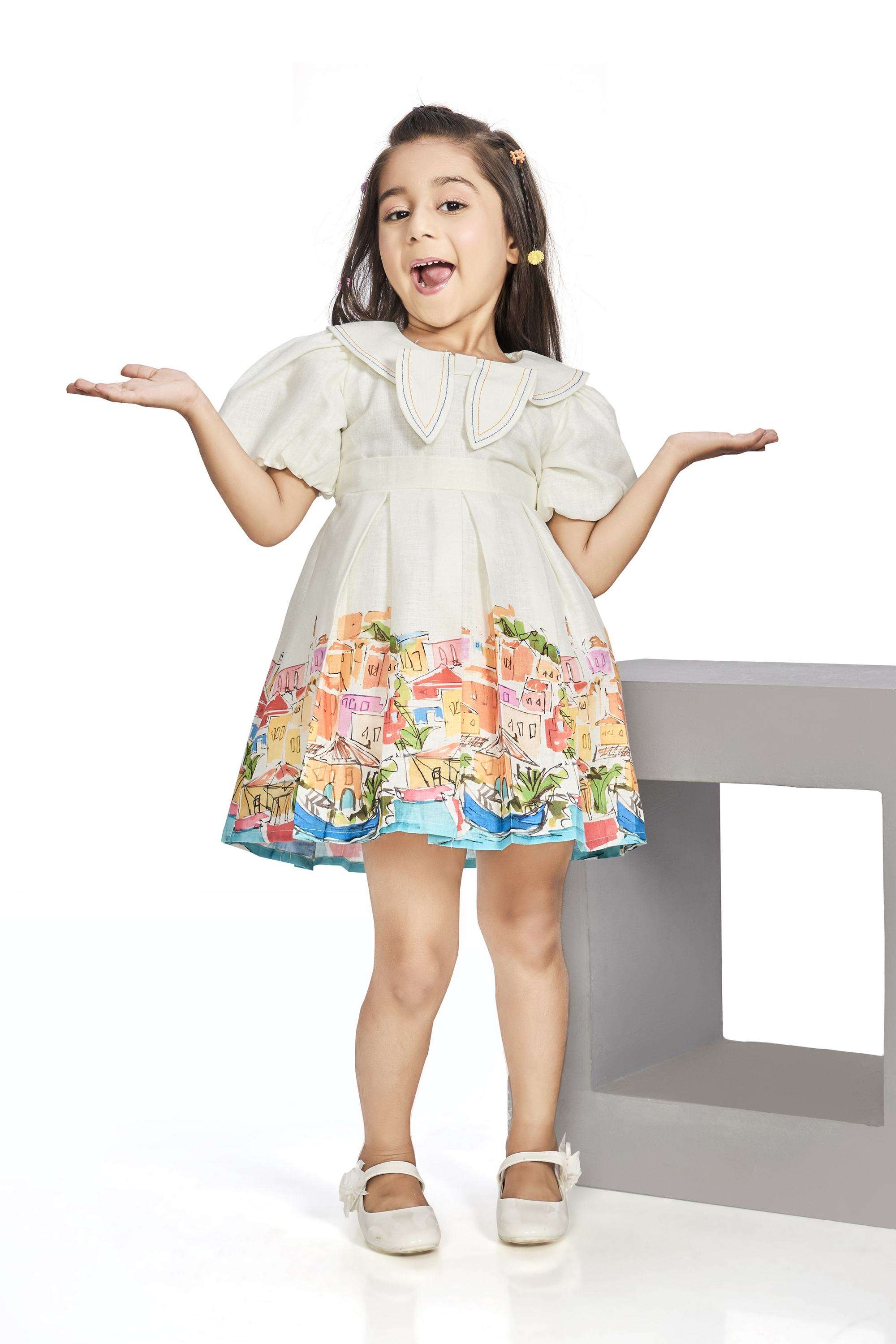Abstract-Blended-Fabric-Round-Neck-Girls-Casual-Wear-Dress