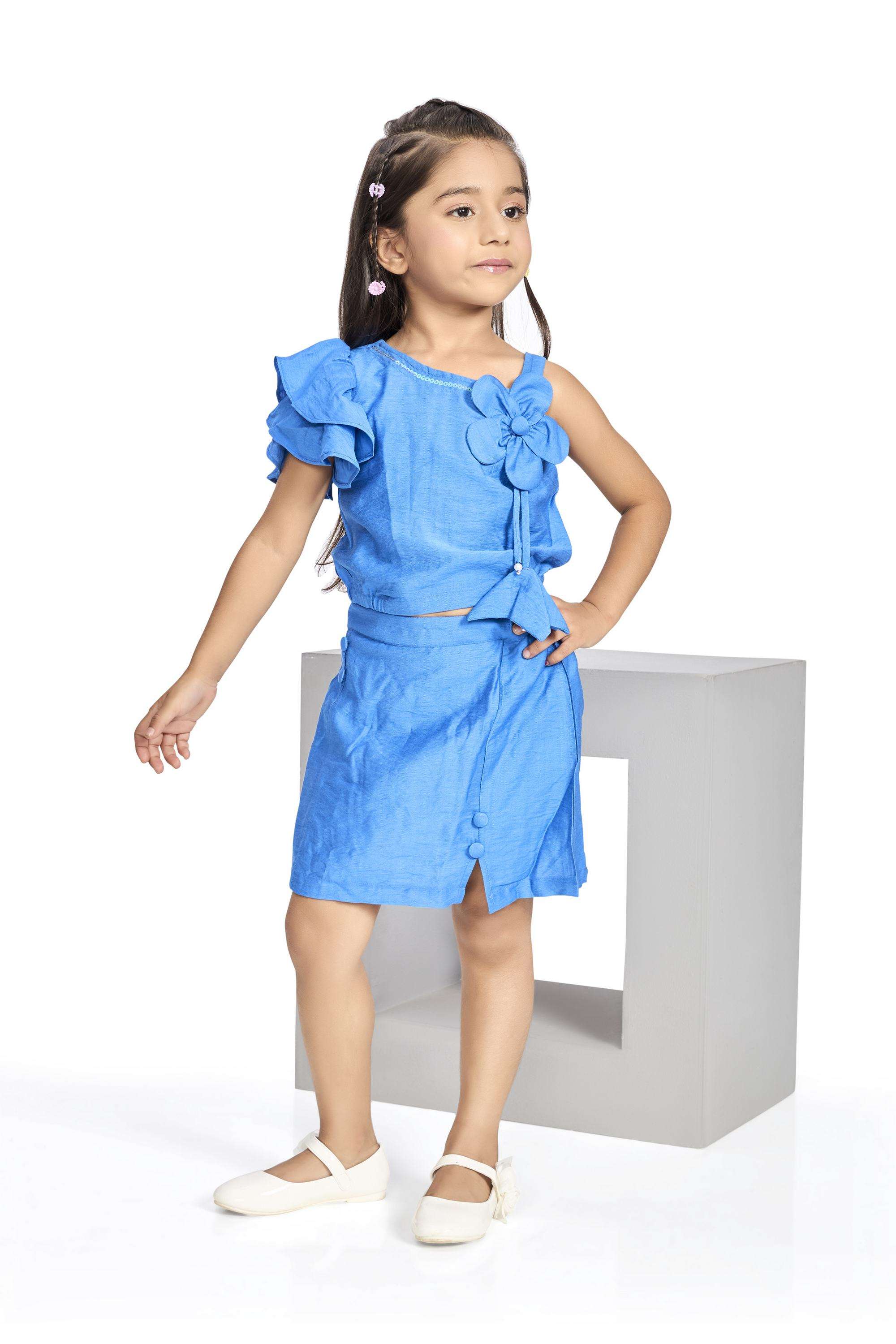 Solid-Blended-Fabric-One-Shoulder-Girls-Casual-Wear-Skirt-&-Top