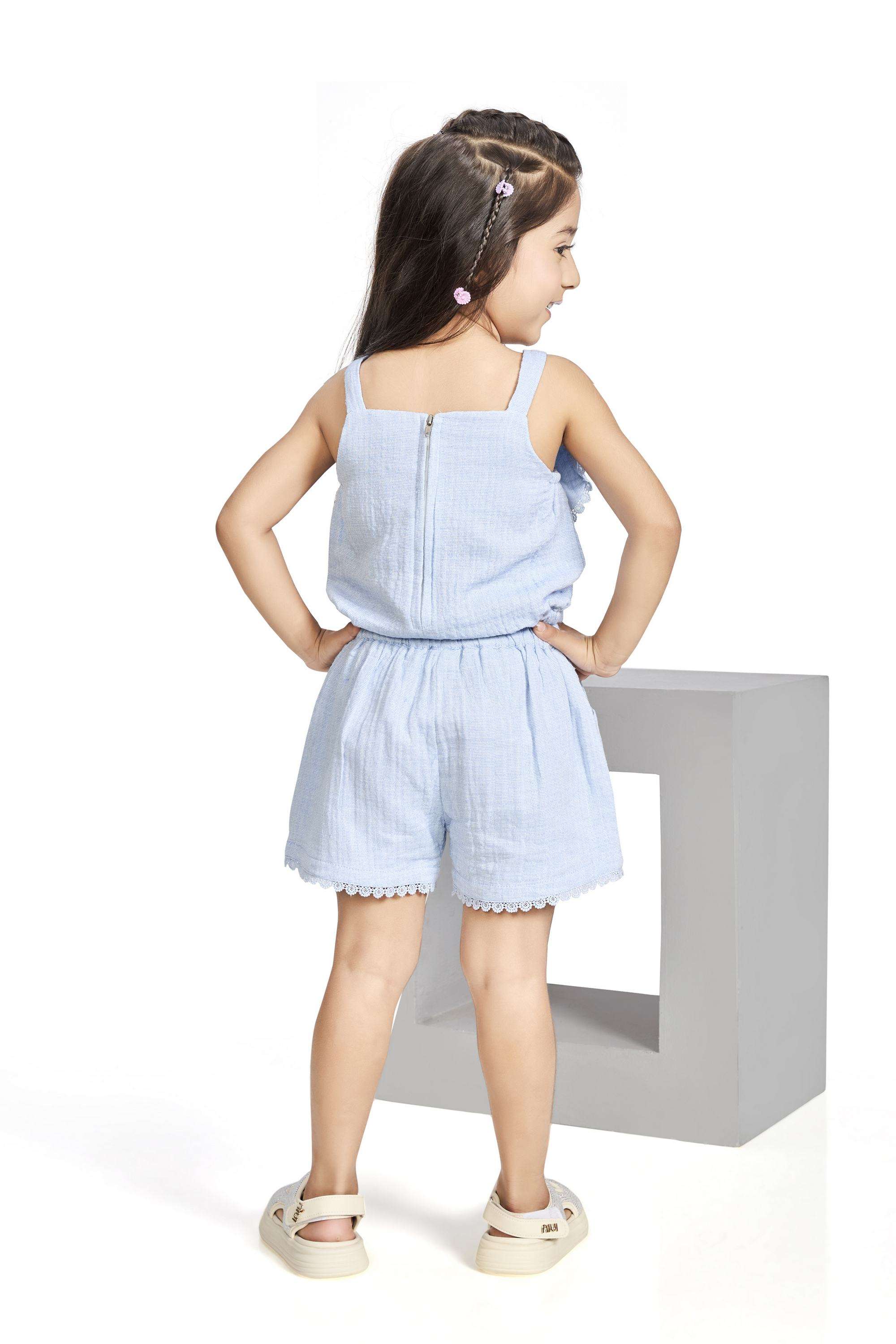 Solid-Blended-Fabric-Square-Neck-Girls-Casual-Wear-Shorts-&-Top