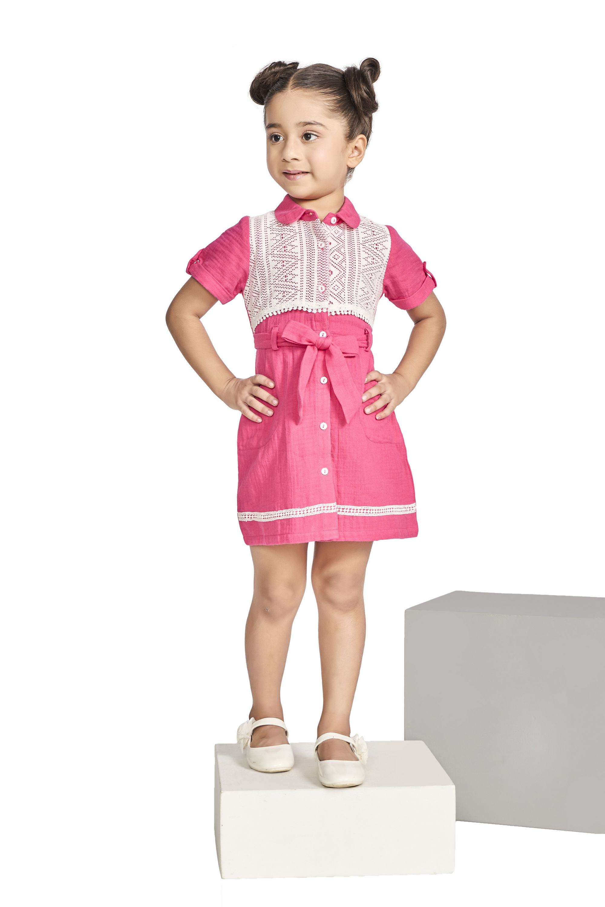 Solid-Blended-Fabric-Collared-Girls-Casual-Wear-Dress