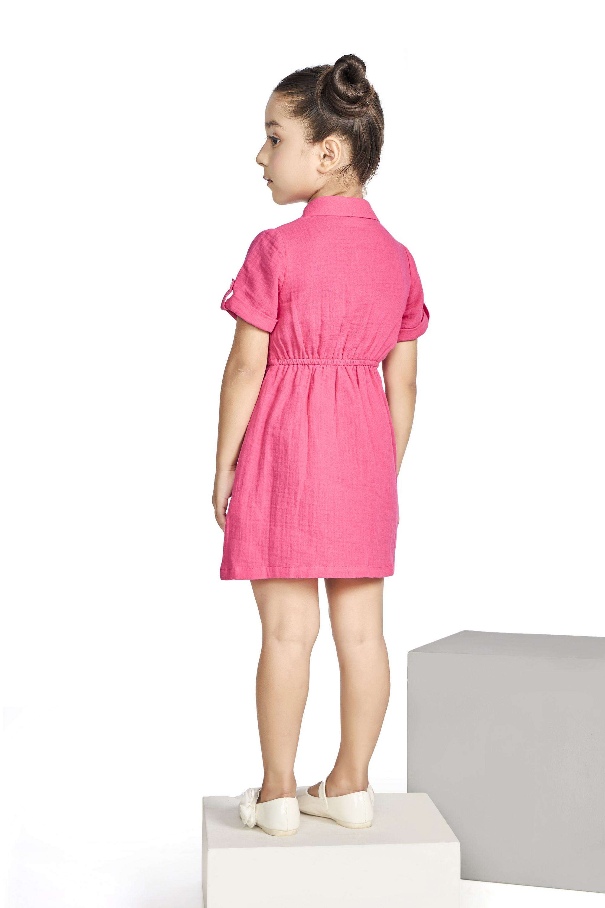 Solid-Blended-Fabric-Collared-Girls-Casual-Wear-Dress
