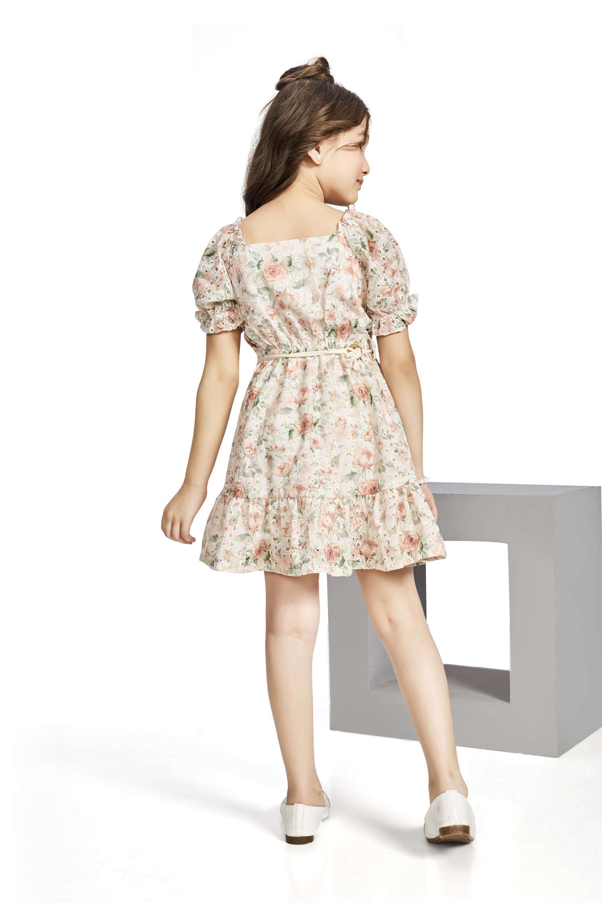 Embroidered-Blended-Fabric-Square-Neck-Girls-Casual-Wear-Dress