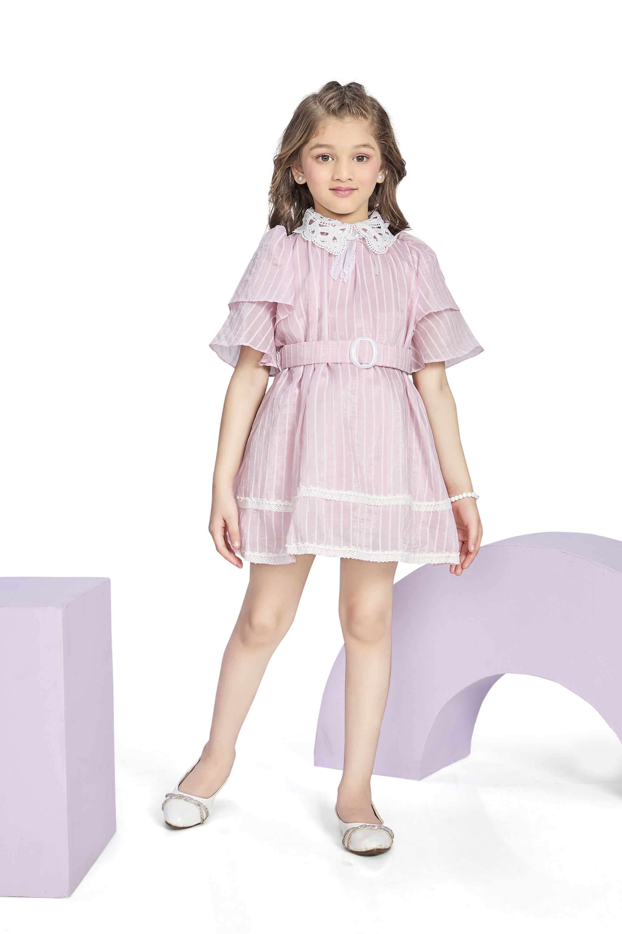Stripes-Polyester-Collared-Girls-Party-Wear-Dress-with-Belt