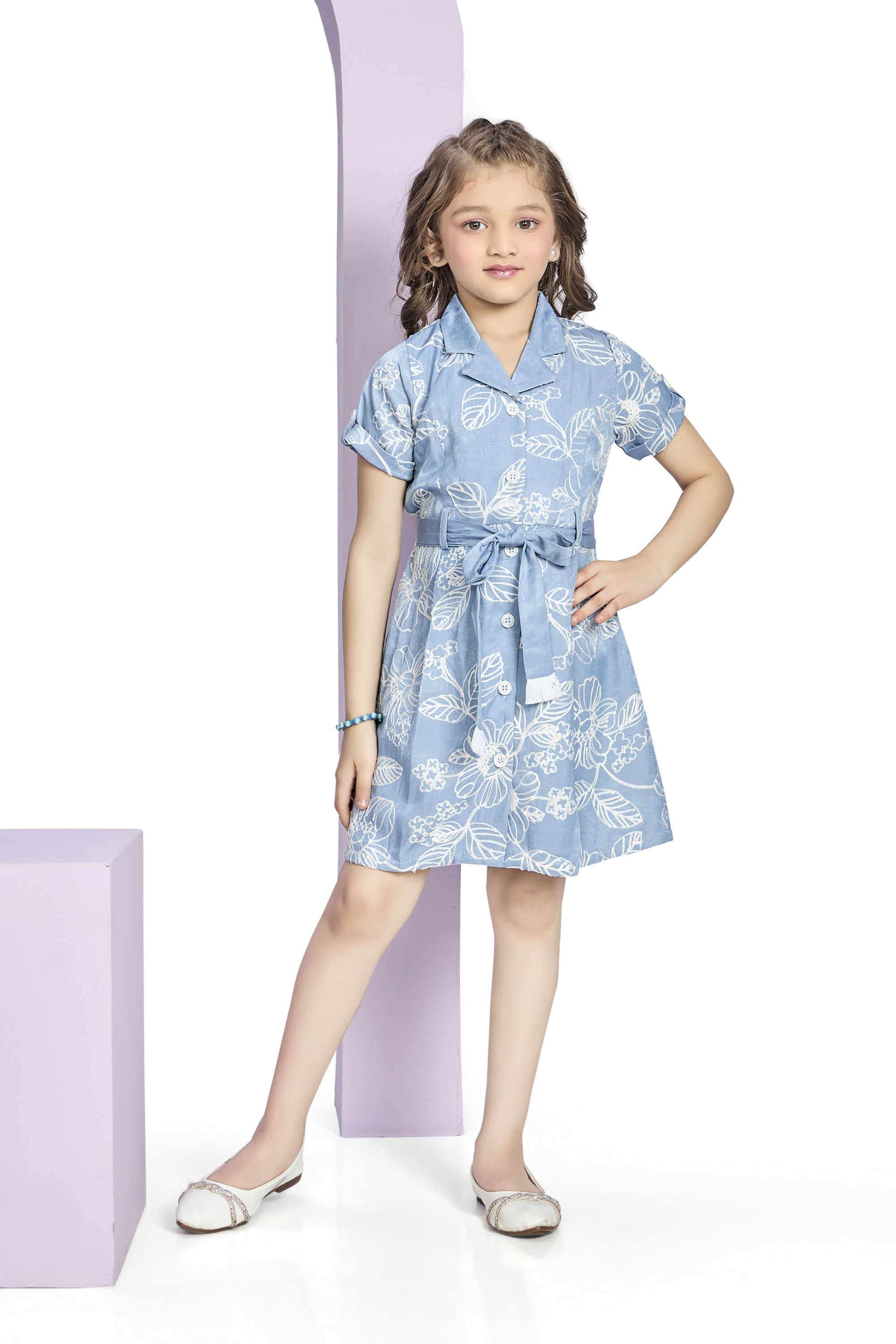 Embroidered-Polyester-Collared-Girls-Casual-Wear-Dress-with-Belt