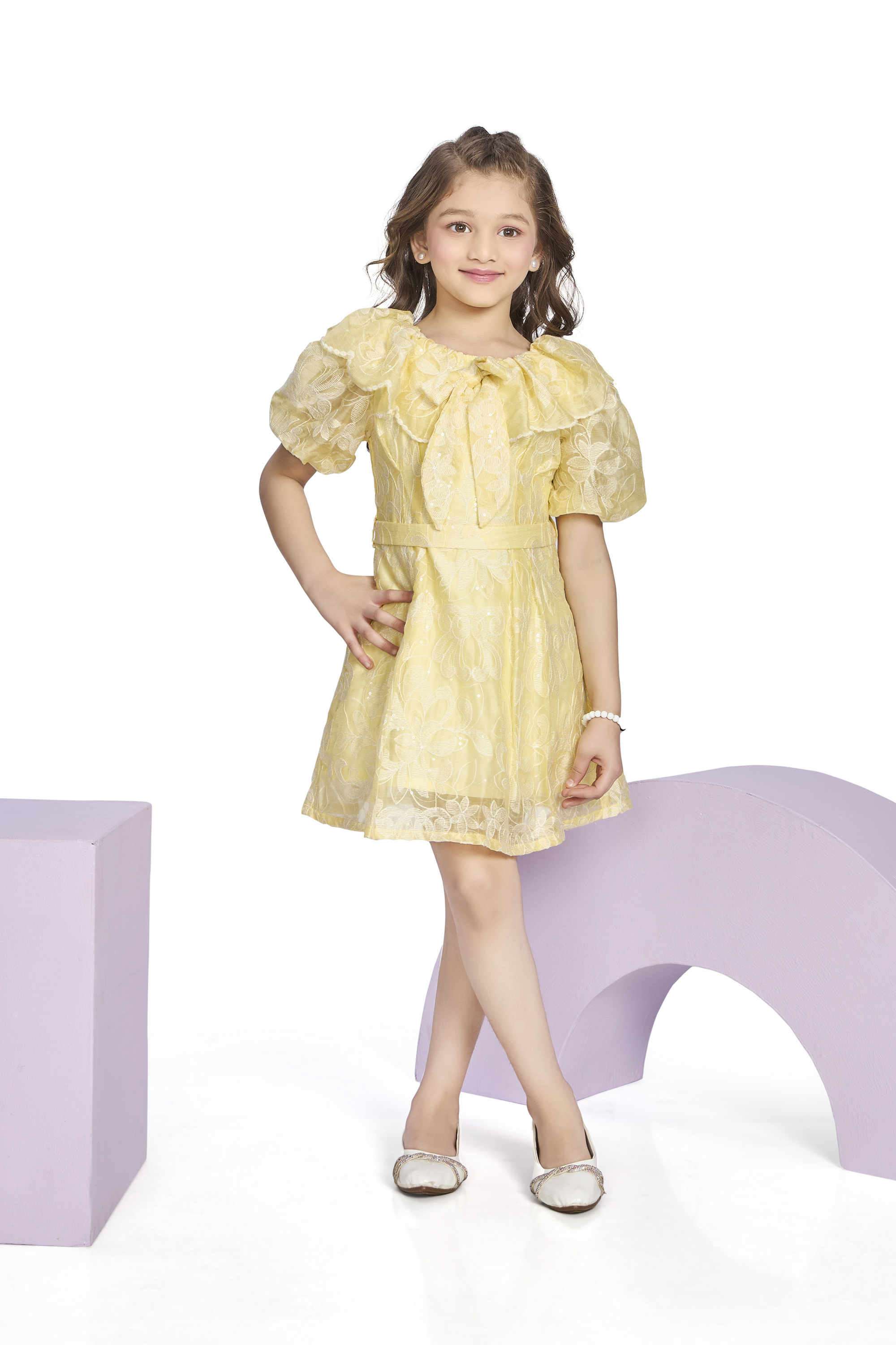 Embroidered-Polyester-Round-Neck-Girls-Party-Wear-Dress-with-Belt