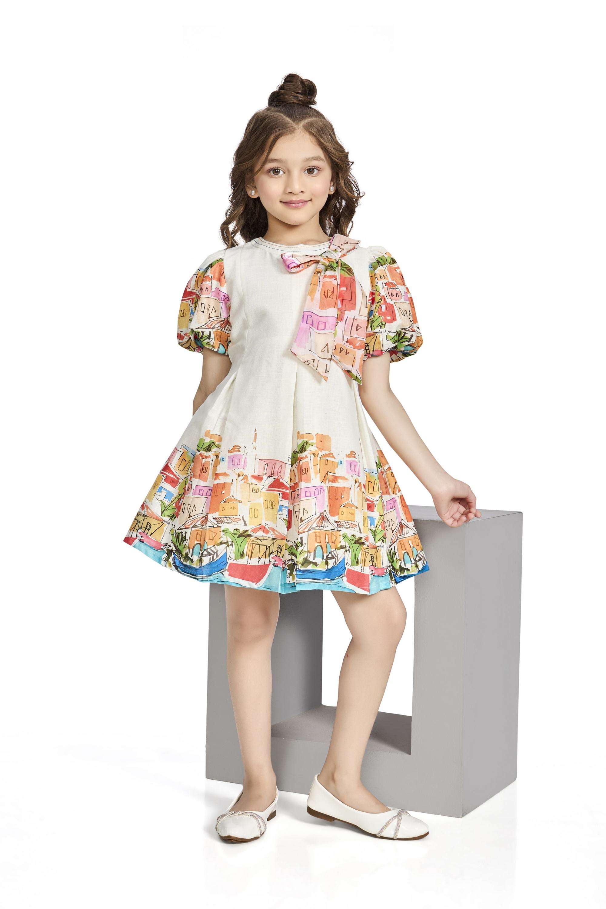 Printed-Blended-Fabric-Round-Neck-Girls-Casual-Wear-Dress